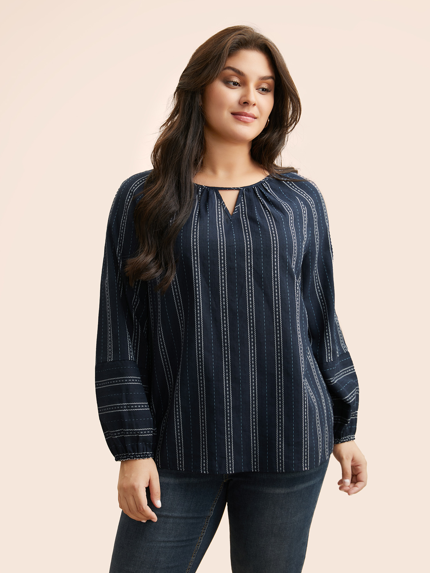 

Plus Size Indigo Striped Keyhole Lantern Sleeve Blouse Women Elegant Long Sleeve Round Neck Everyday Blouses BloomChic