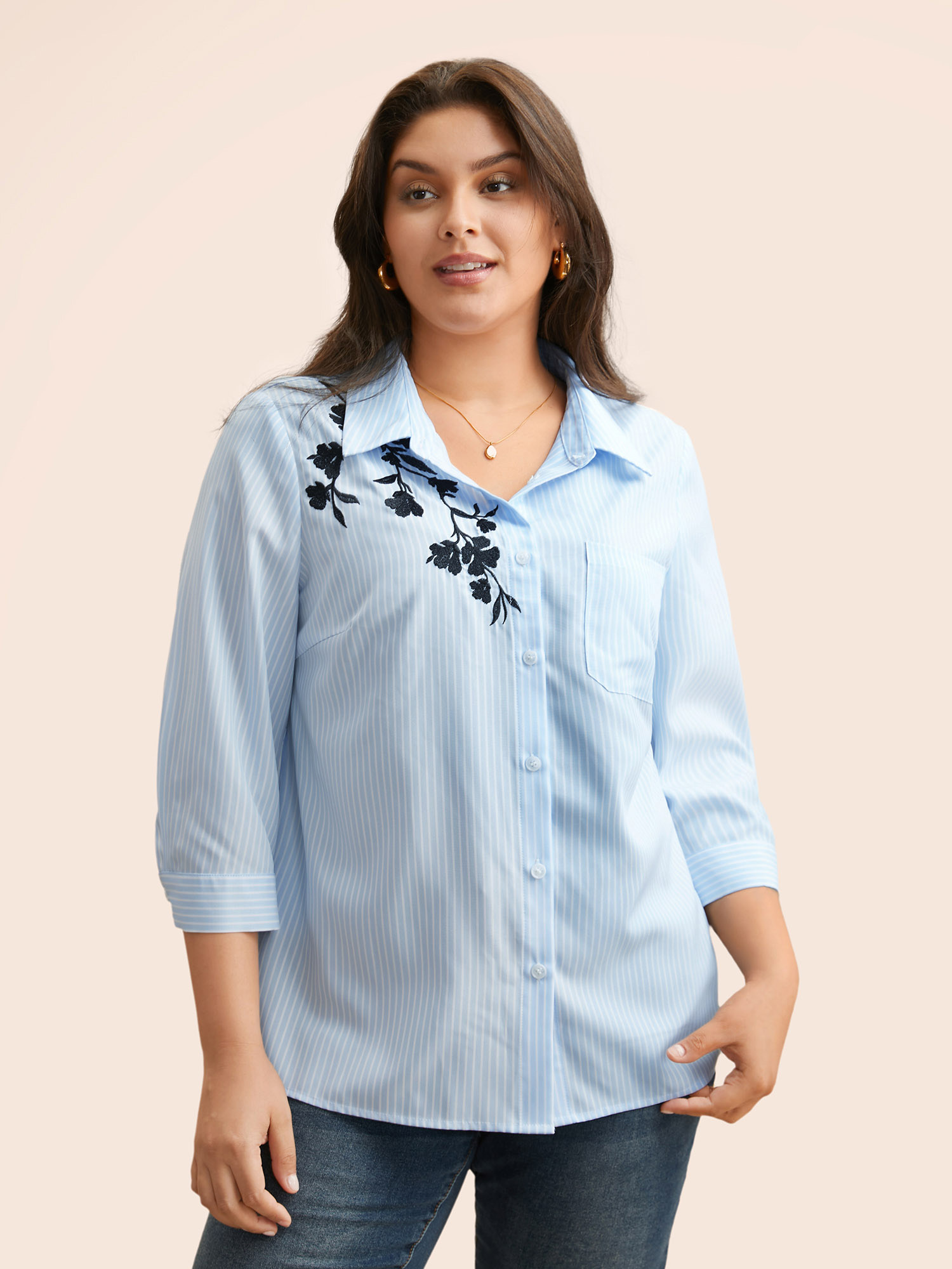 

Plus Size LightBlue Floral Embroidered Striped Patched Pocket Blouse Women Elegant Elbow-length sleeve Shirt collar Everyday Blouses BloomChic