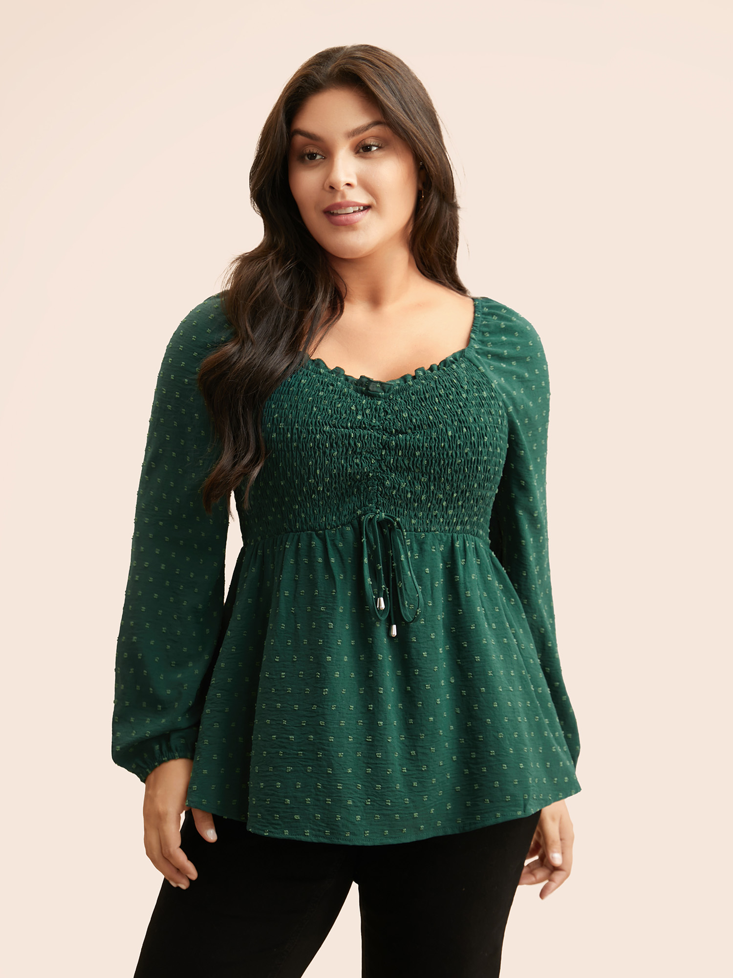 

Plus Size DarkGreen Plain Textured Frill Trim Shirred Blouse Women Elegant Long Sleeve Heart neckline Everyday Blouses BloomChic