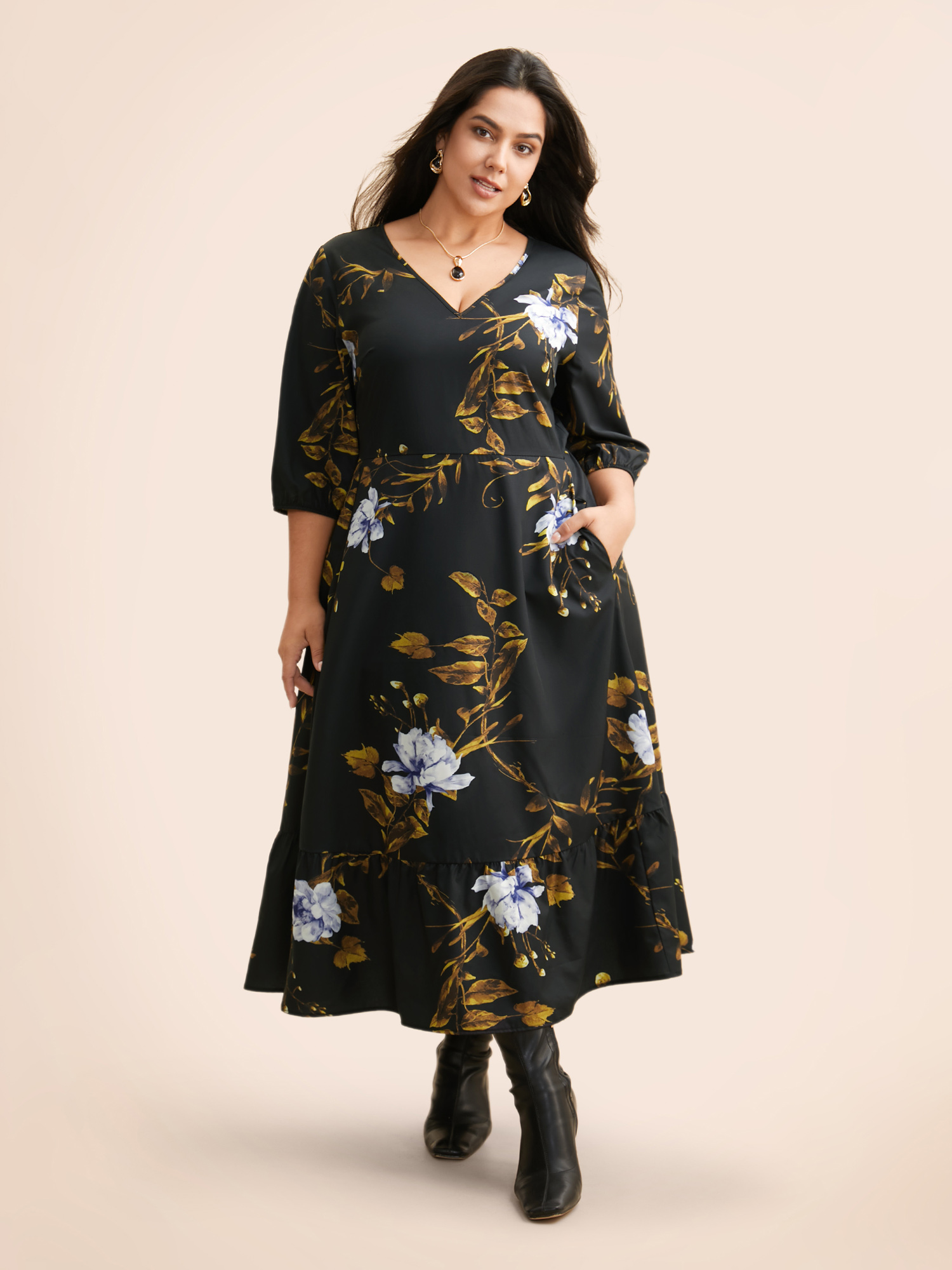 

Plus Size Floral Print V Neck Lantern Sleeve Dress BlackFlower Women Elegant Non V-neck Elbow-length sleeve Curvy BloomChic