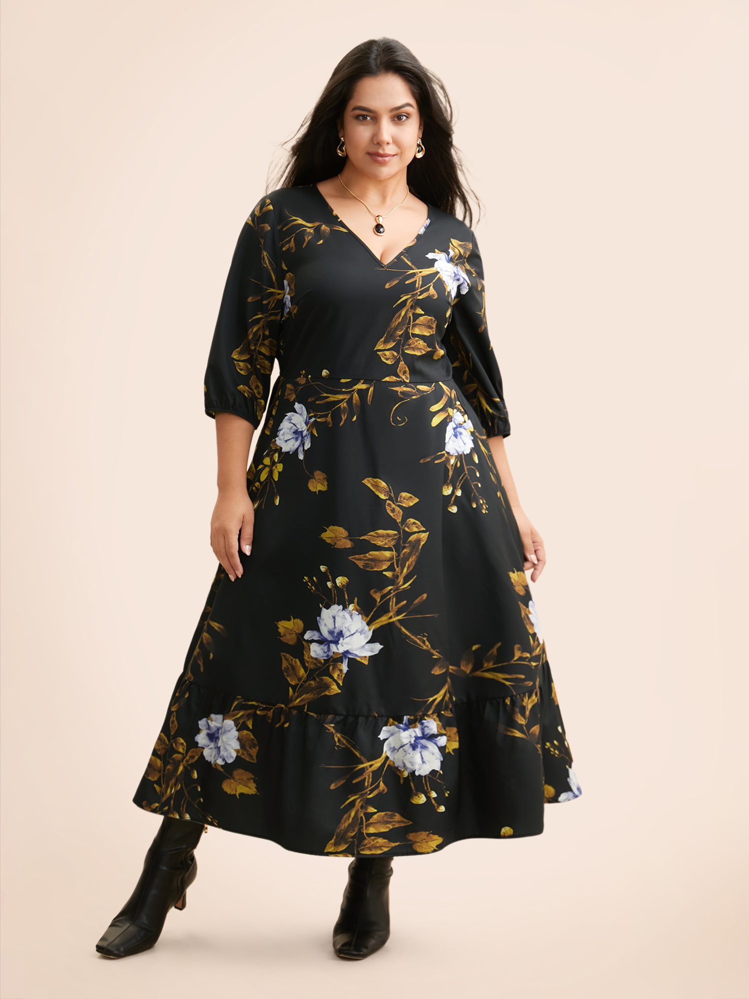 

Plus Size Floral Print V Neck Lantern Sleeve Dress BlackFlower Women Elegant Non V-neck Elbow-length sleeve Curvy BloomChic