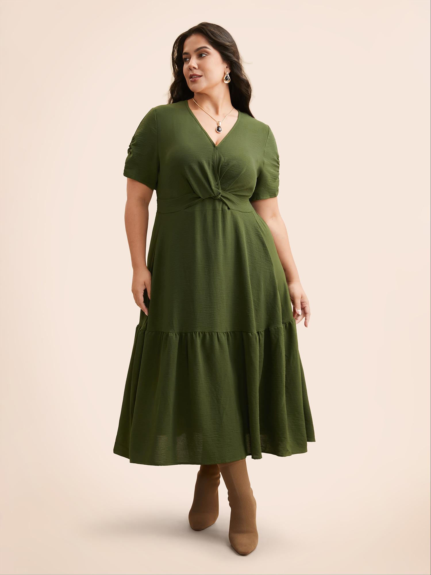 

Plus Size Twist Front Gathered Ruffle Hem Dress ArmyGreen Women Workwear Essentials Twist Overlap Collar Short sleeve Curvy BloomChic