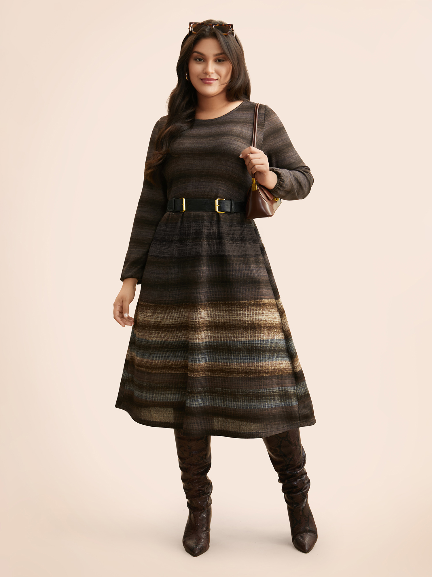 

Plus Size Ombre Contrast Lantern Sleeve Midi Dress DarkBrown Women Casual Texture Round Neck Long Sleeve Curvy BloomChic