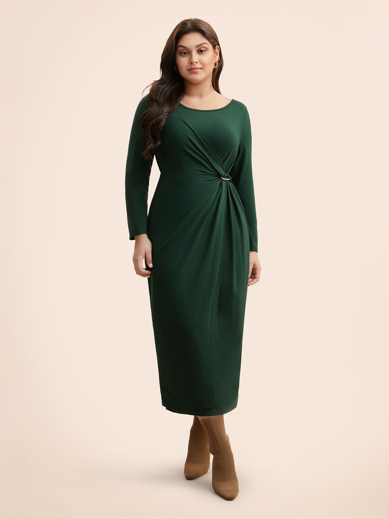 

Plus Size Supersoft Essentials Metal Detail Twist Front Dress Emerald Women Casual Overlapping Boat Neck Long Sleeve Curvy BloomChic