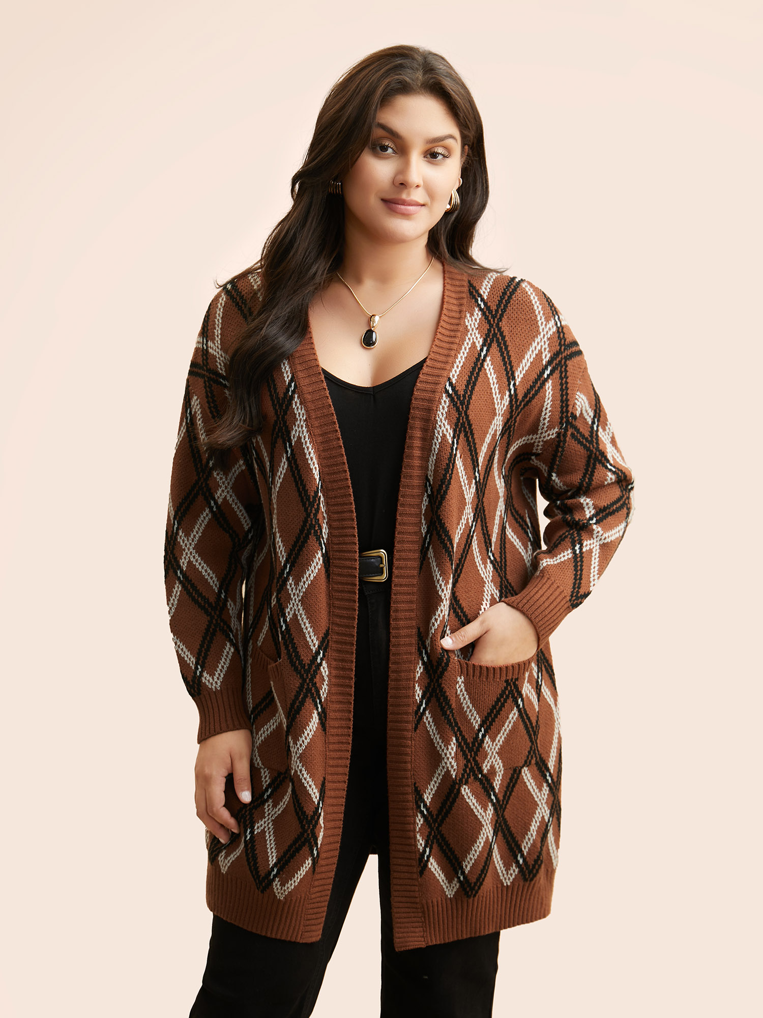 

Plus Size Plaid Pocket Drop Shoulder Sleeve Cardigan Yellowishbrown Women Casual Loose Long Sleeve Everyday Cardigans BloomChic