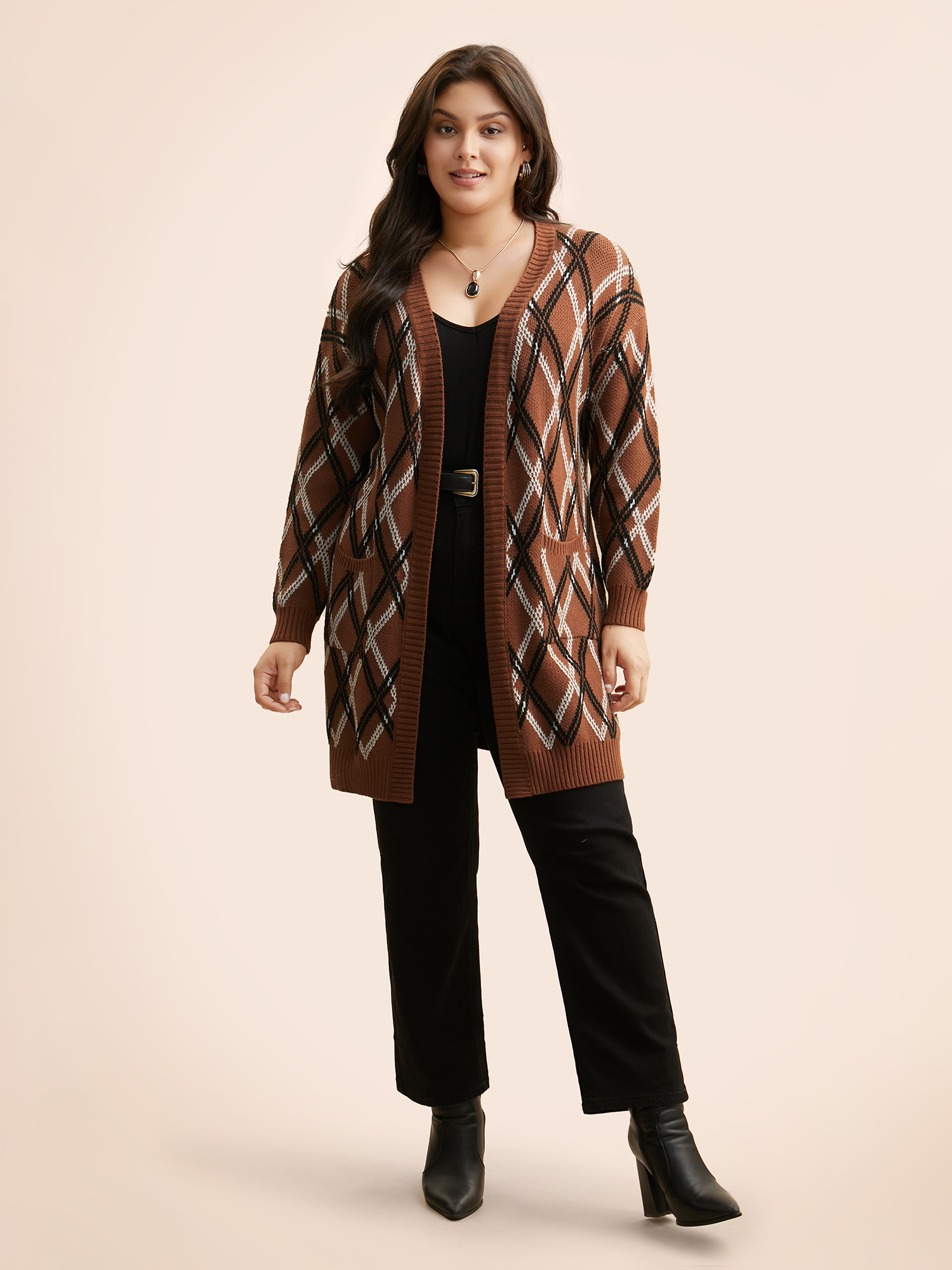 Plus Size Plaid Pocket Drop Shoulder Sleeve Cardigan Yellowishbrown Women Casual Loose Long Sleeve Everyday Cardigans BloomChic 14-16/1X 