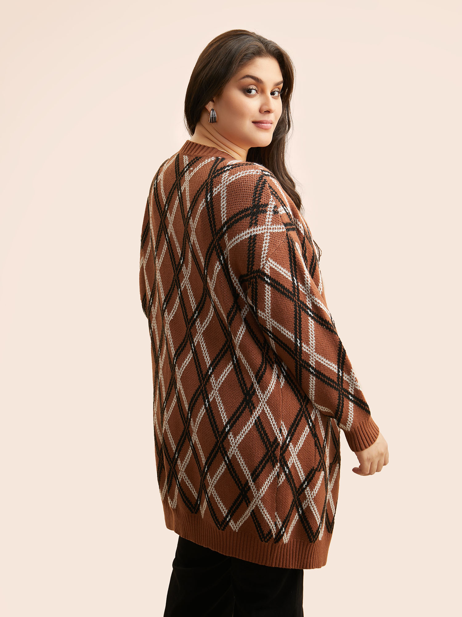Plus Size Plaid Pocket Drop Shoulder Sleeve Cardigan Yellowishbrown Women Casual Loose Long Sleeve Everyday Cardigans BloomChic 14-16/1X 