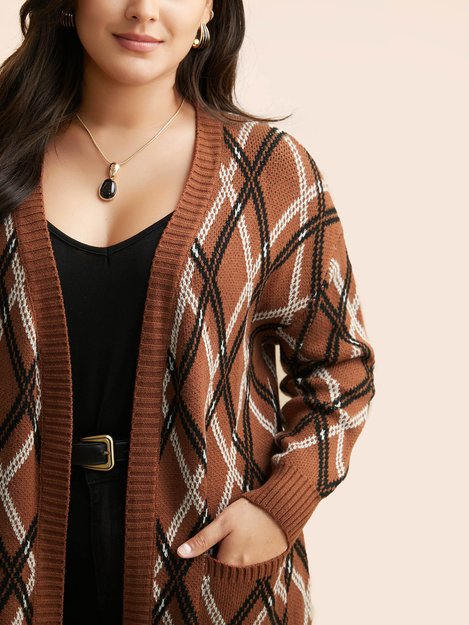 Plus Size Plaid Pocket Drop Shoulder Sleeve Cardigan Yellowishbrown Women Casual Loose Long Sleeve Everyday Cardigans BloomChic 14-16/1X 