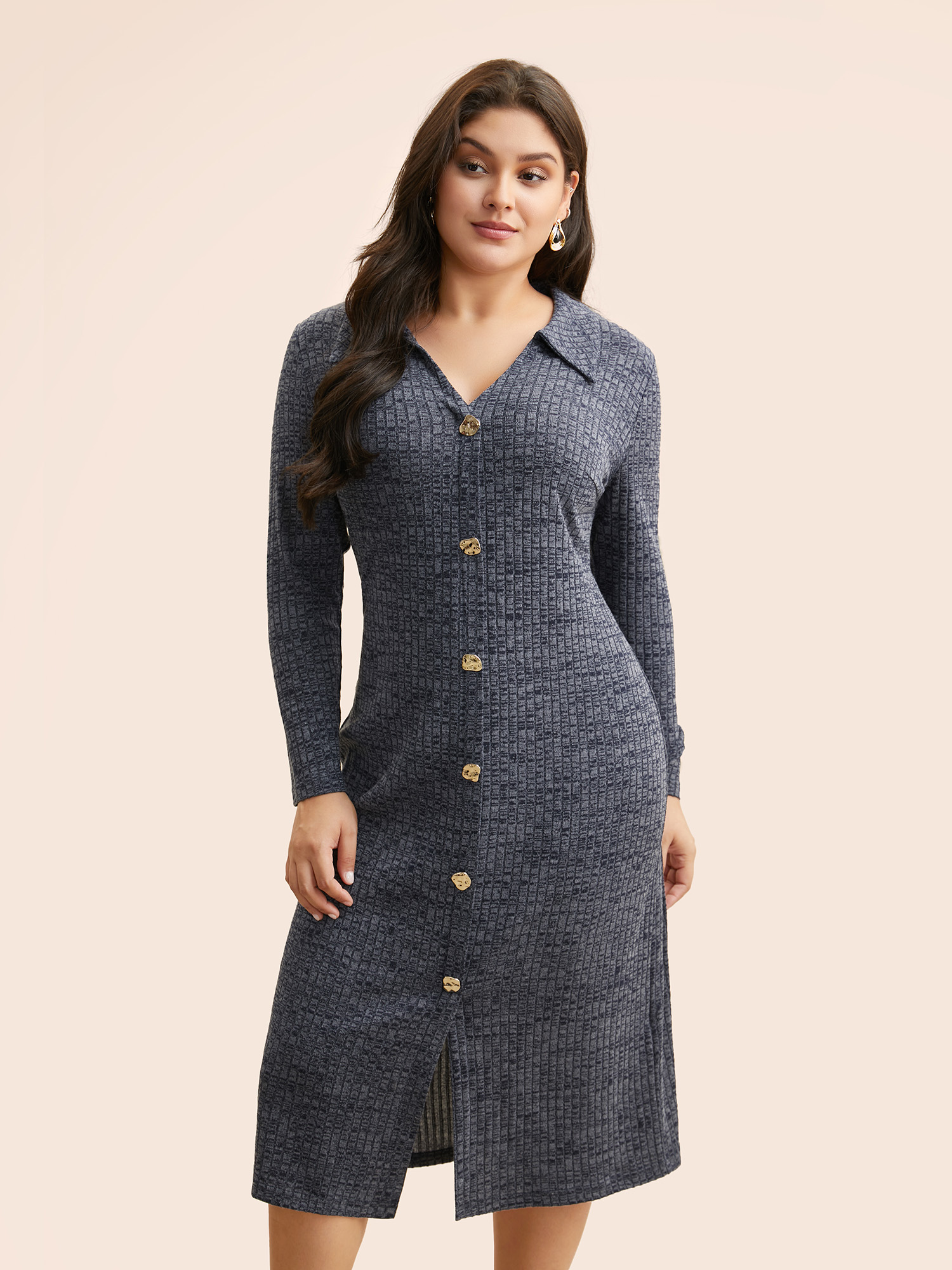 

Plus Size Textured Buckle Detail Split Hem Dress Indigo Women At the Office Texture Shirt collar Long Sleeve Curvy BloomChic