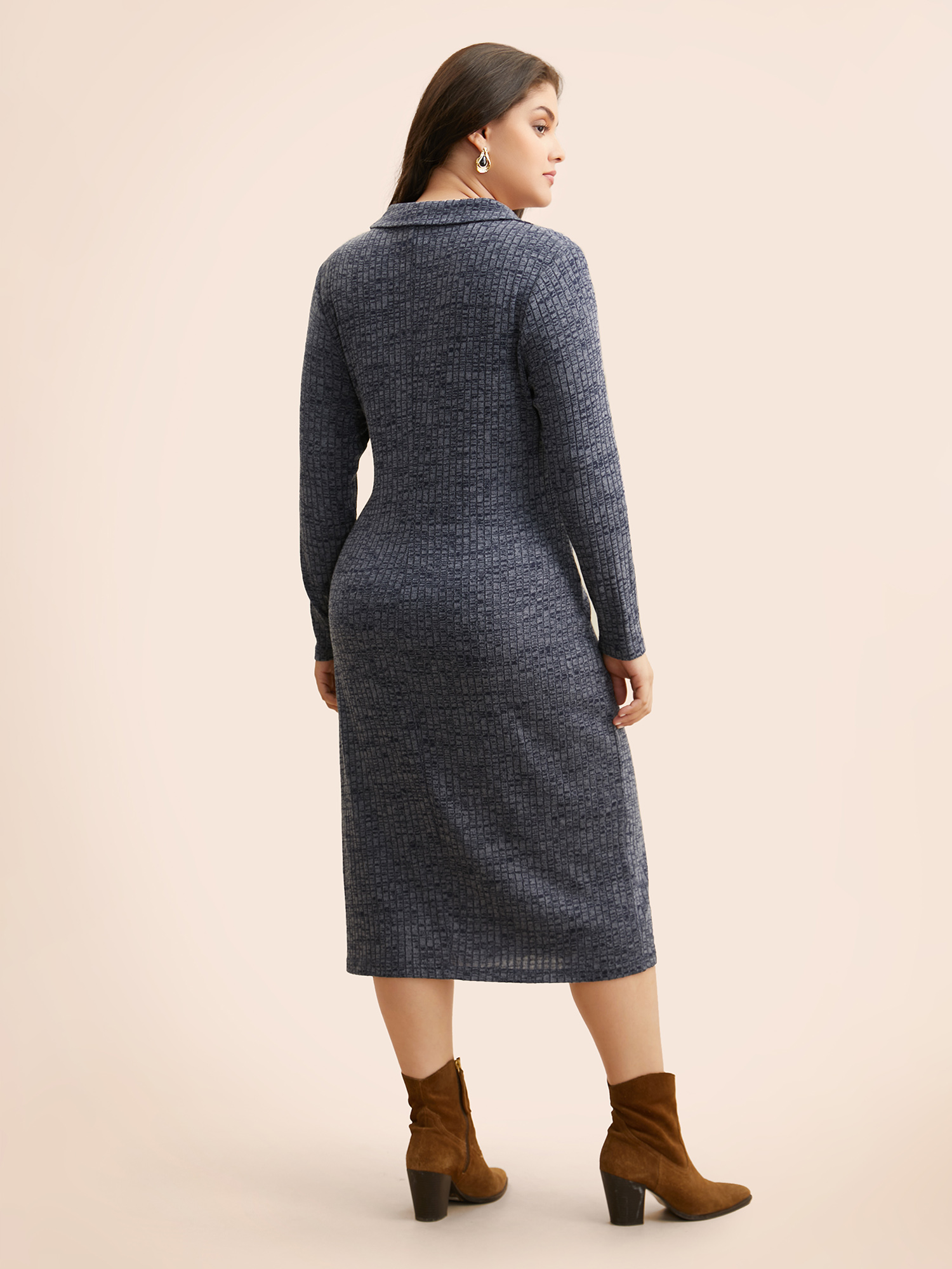 

Plus Size Textured Buckle Detail Split Hem Dress Indigo Women At the Office Texture Shirt collar Long Sleeve Curvy BloomChic