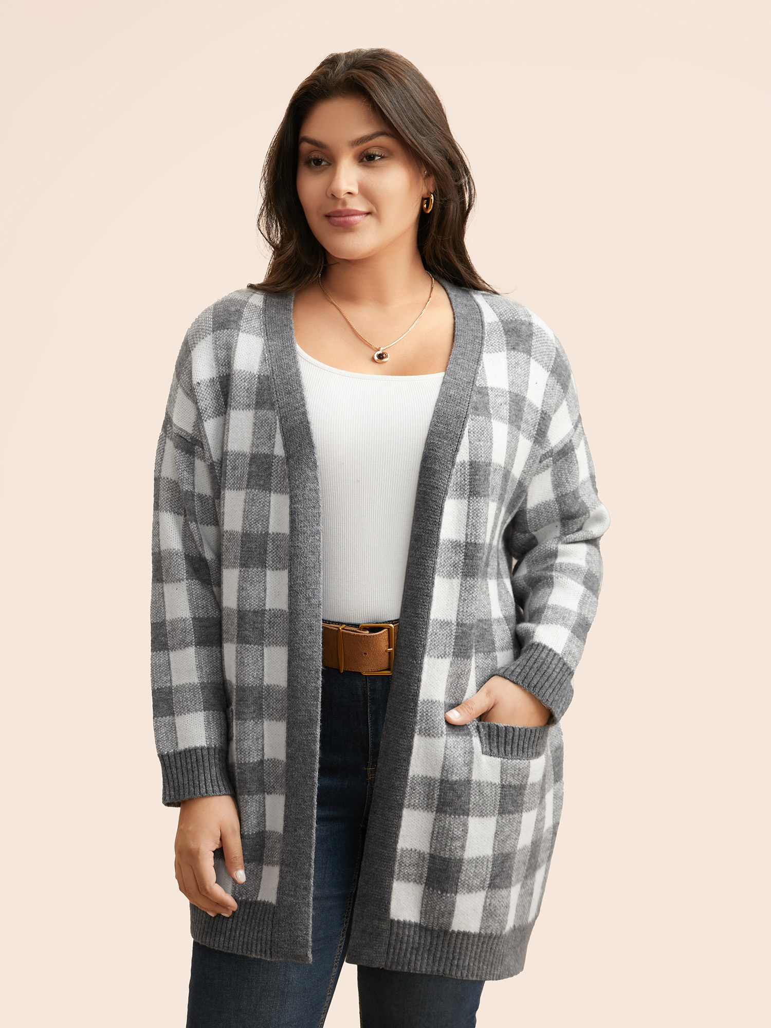 

Plus Size Supersoft Essentials Plaid Drop Shoulder Cardigan DimGray Women Casual Loose Long Sleeve Everyday Cardigans BloomChic