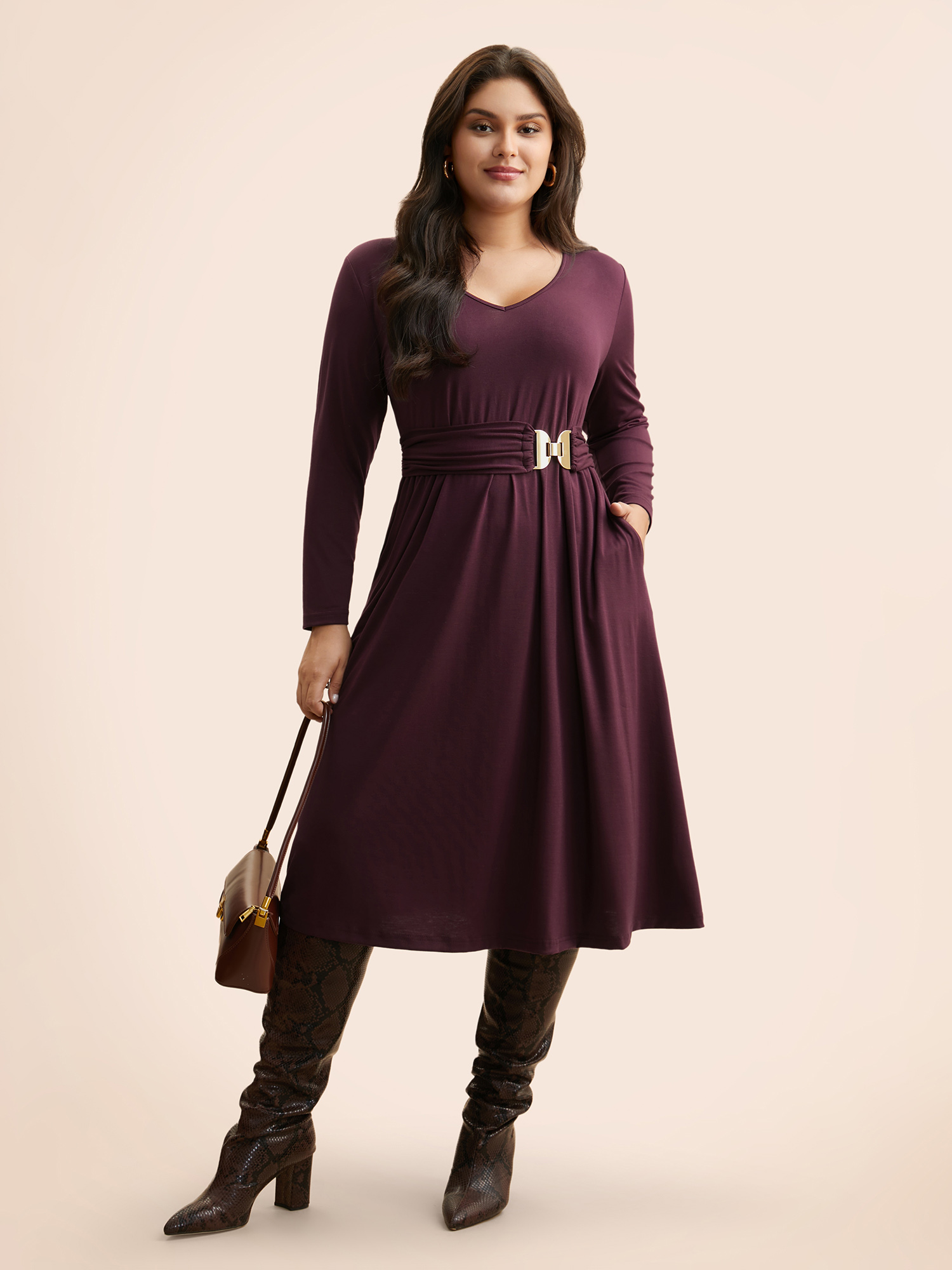 

Plus Size Solid Metal Detail Midi Dress Deeppurplered Women Casual Belted V-neck Long Sleeve Curvy BloomChic