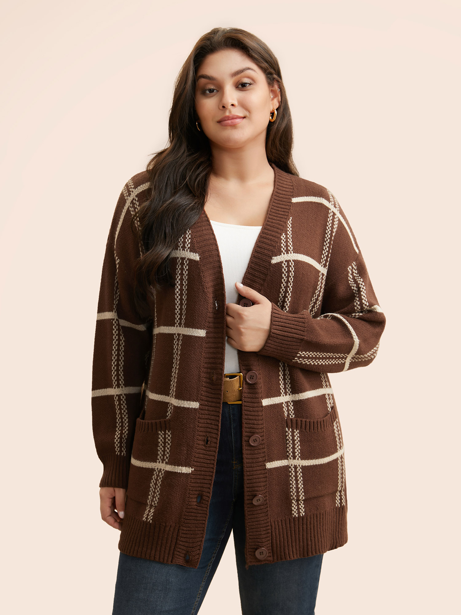 

Plus Size Plaid Button Up Pocket Cardigan Browncoffeecolor Women Casual Loose Long Sleeve Everyday Cardigans BloomChic