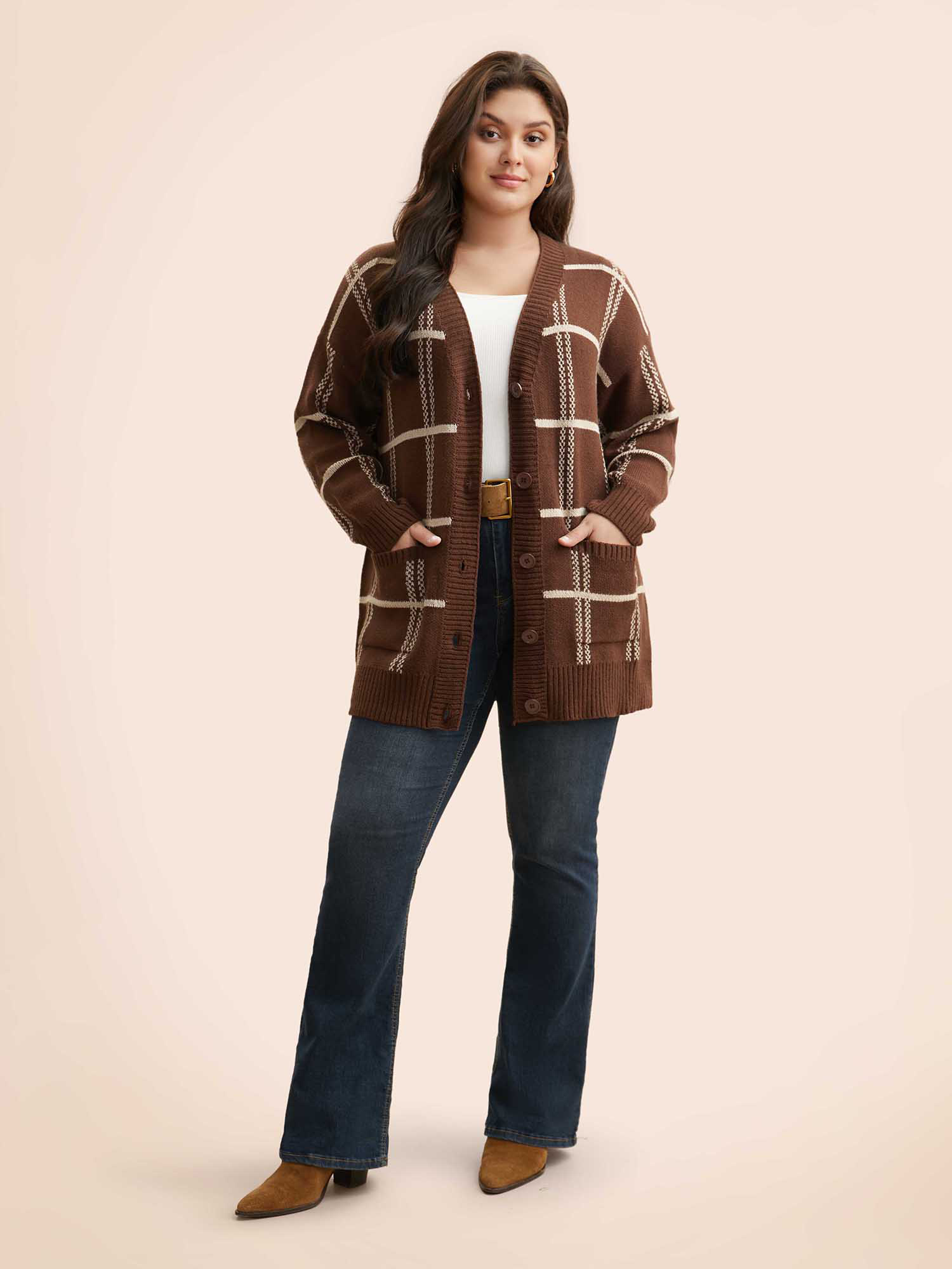 Plus Size Plaid Button Up Pocket Cardigan Browncoffeecolor Women Casual Loose Long Sleeve Everyday Cardigans BloomChic 10/M 