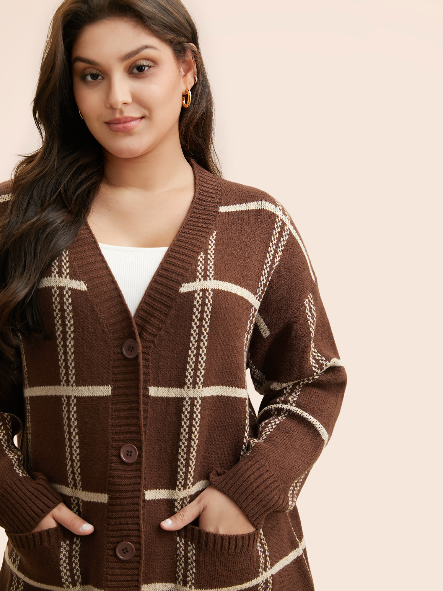 Plus Size Plaid Button Up Pocket Cardigan Browncoffeecolor Women Casual Loose Long Sleeve Everyday Cardigans BloomChic 10/M 