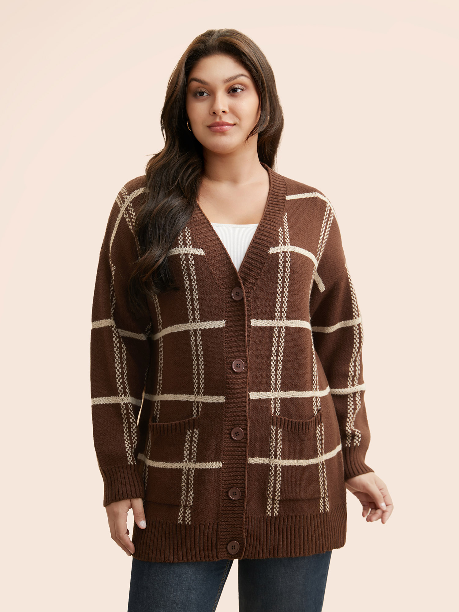 Plus Size Plaid Button Up Pocket Cardigan Browncoffeecolor Women Casual Loose Long Sleeve Everyday Cardigans BloomChic 10/M 