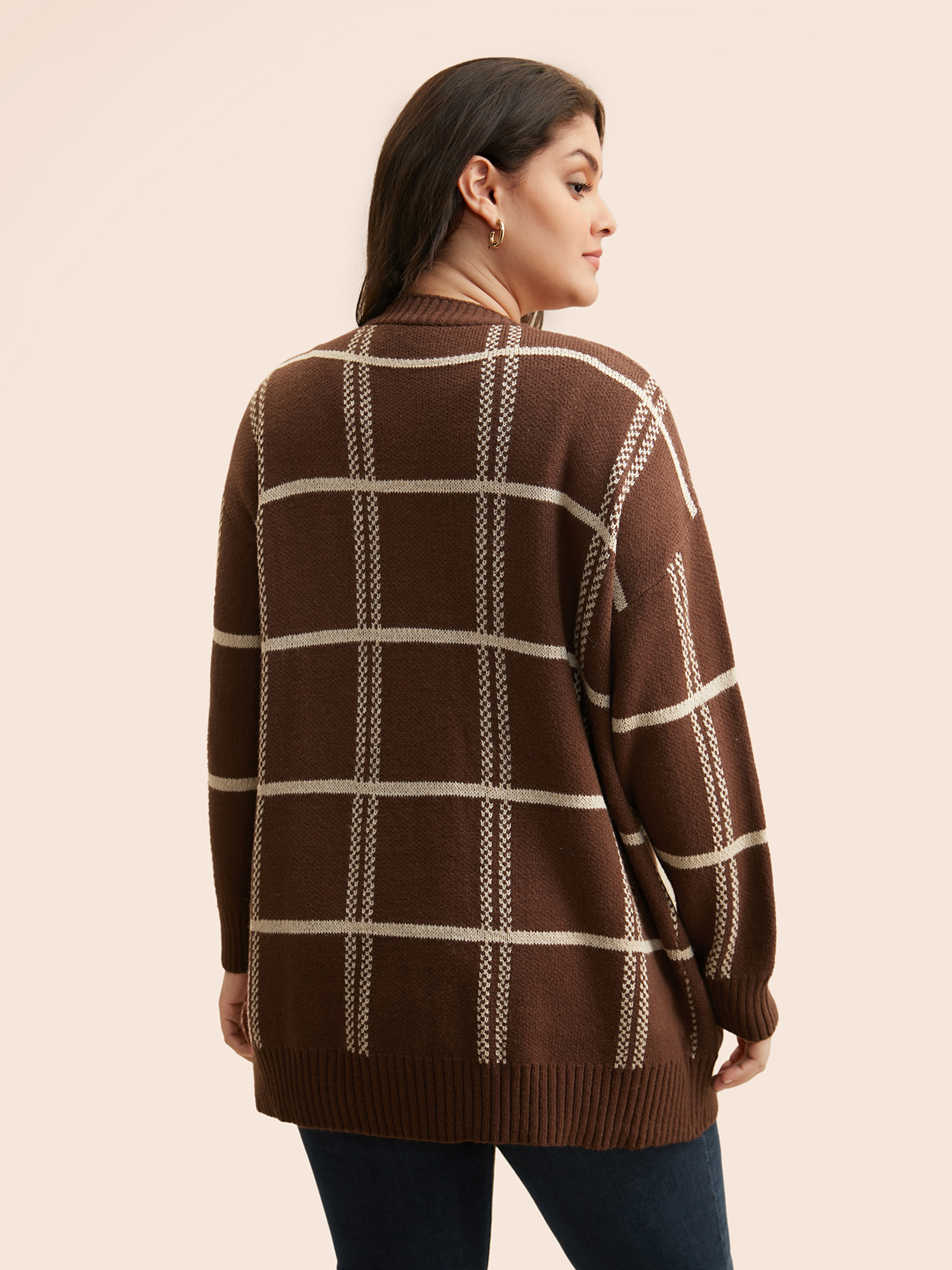 Plus Size Plaid Button Up Pocket Cardigan Browncoffeecolor Women Casual Loose Long Sleeve Everyday Cardigans BloomChic 10/M 