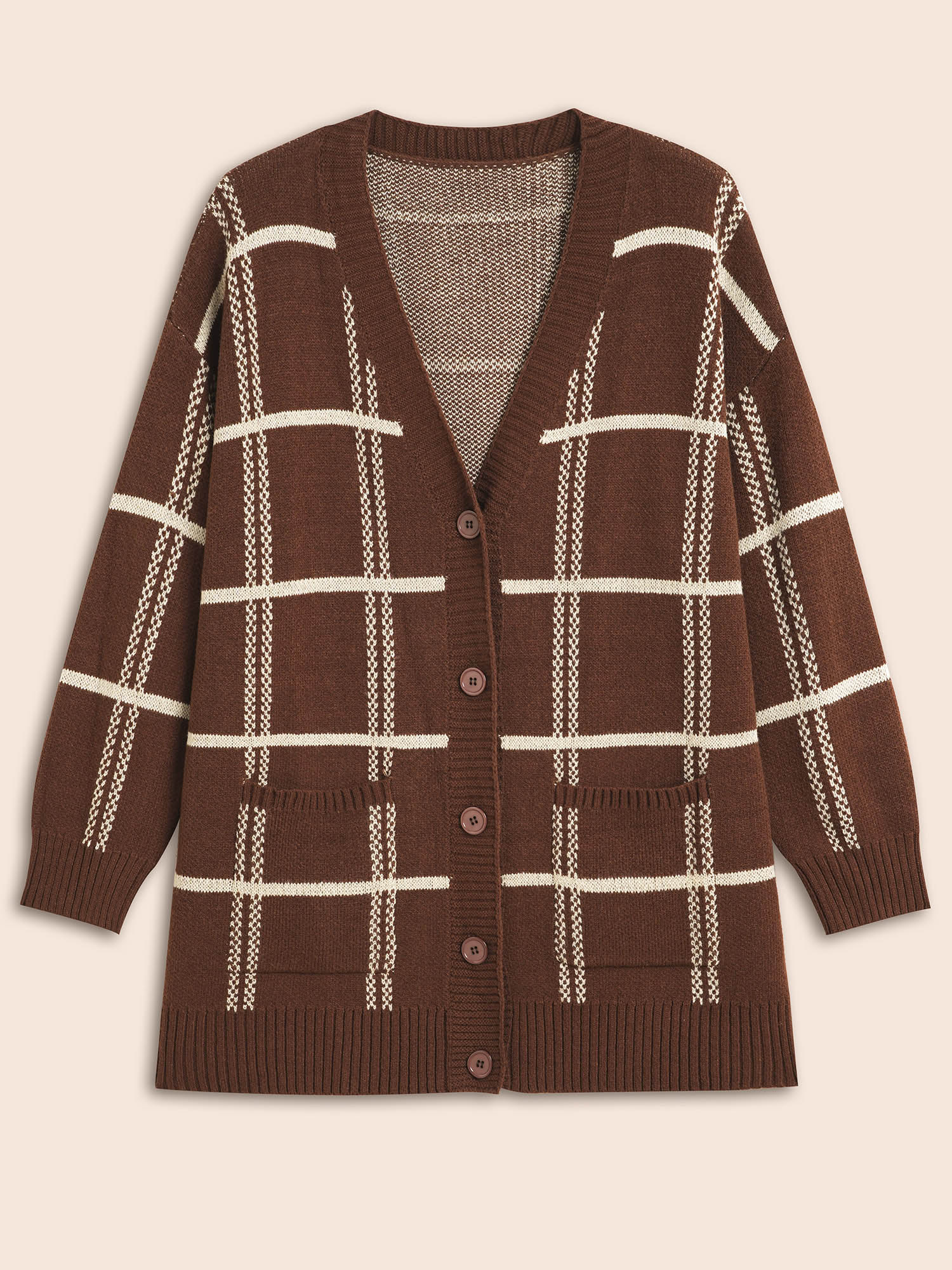 Plus Size Plaid Button Up Pocket Cardigan Browncoffeecolor Women Casual Loose Long Sleeve Everyday Cardigans BloomChic 10/M 