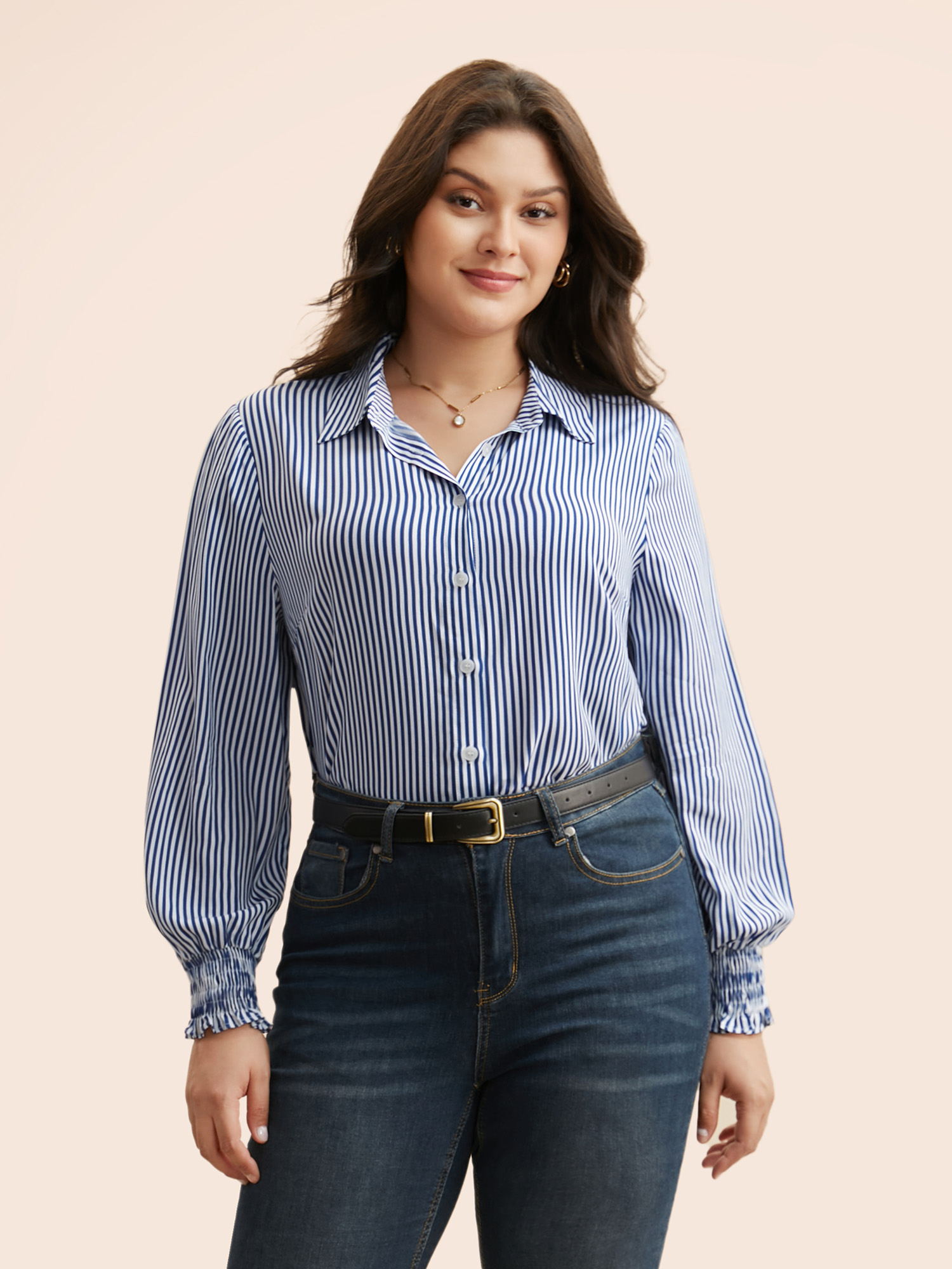 Plus Size Mediumblue Striped Shirt Collar Shirred Blouse Women Elegant Long Sleeve Shirt collar Everyday Blouses BloomChic 26/4X 