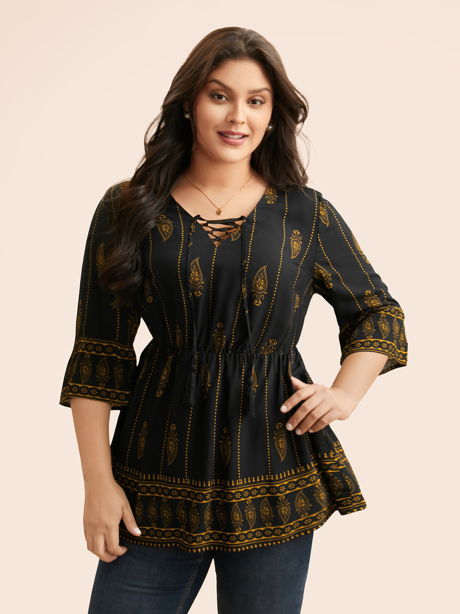 

Plus Size Black Boho Print Lace Up Bell Sleeve Blouse Women Elegant Elbow-length sleeve V-neck Everyday Blouses BloomChic