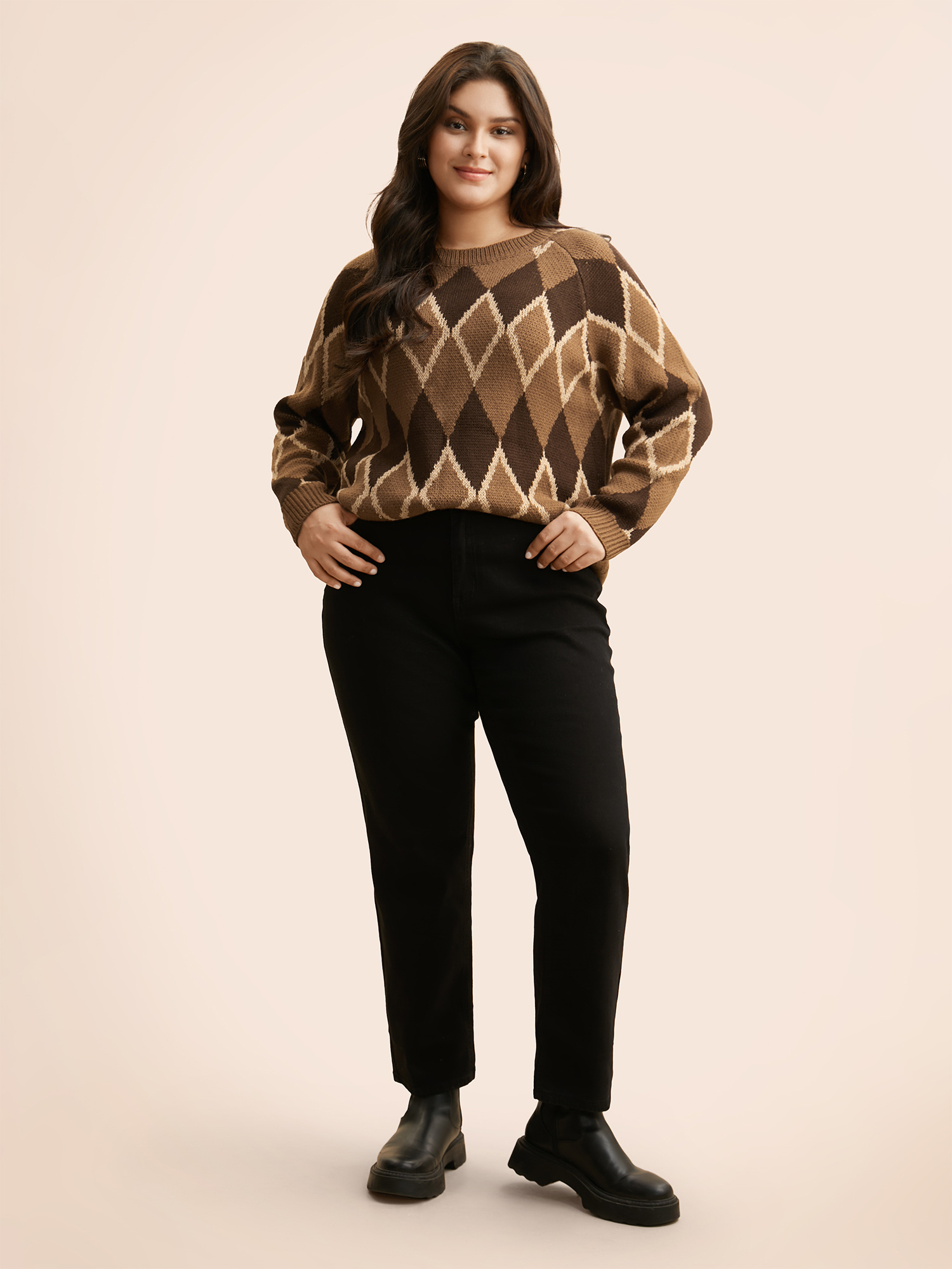 Plus Size Plaid Crew Neck Raglan Sleeve Cardigan Browncoffeecolor Women Casual Loose Long Sleeve Everyday Cardigans BloomChic 18-20/2X 