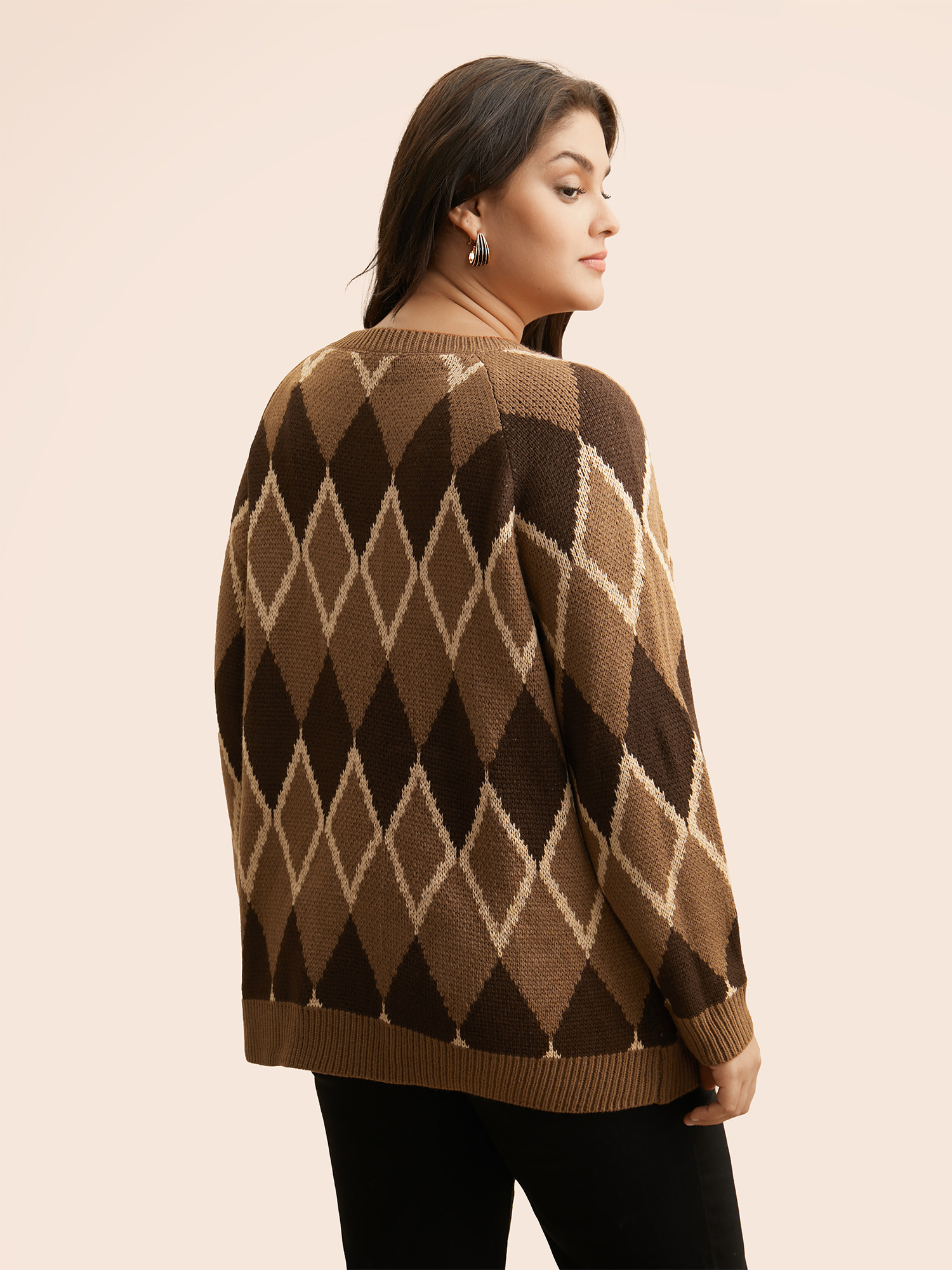 Plus Size Plaid Crew Neck Raglan Sleeve Cardigan Browncoffeecolor Women Casual Loose Long Sleeve Everyday Cardigans BloomChic 18-20/2X 