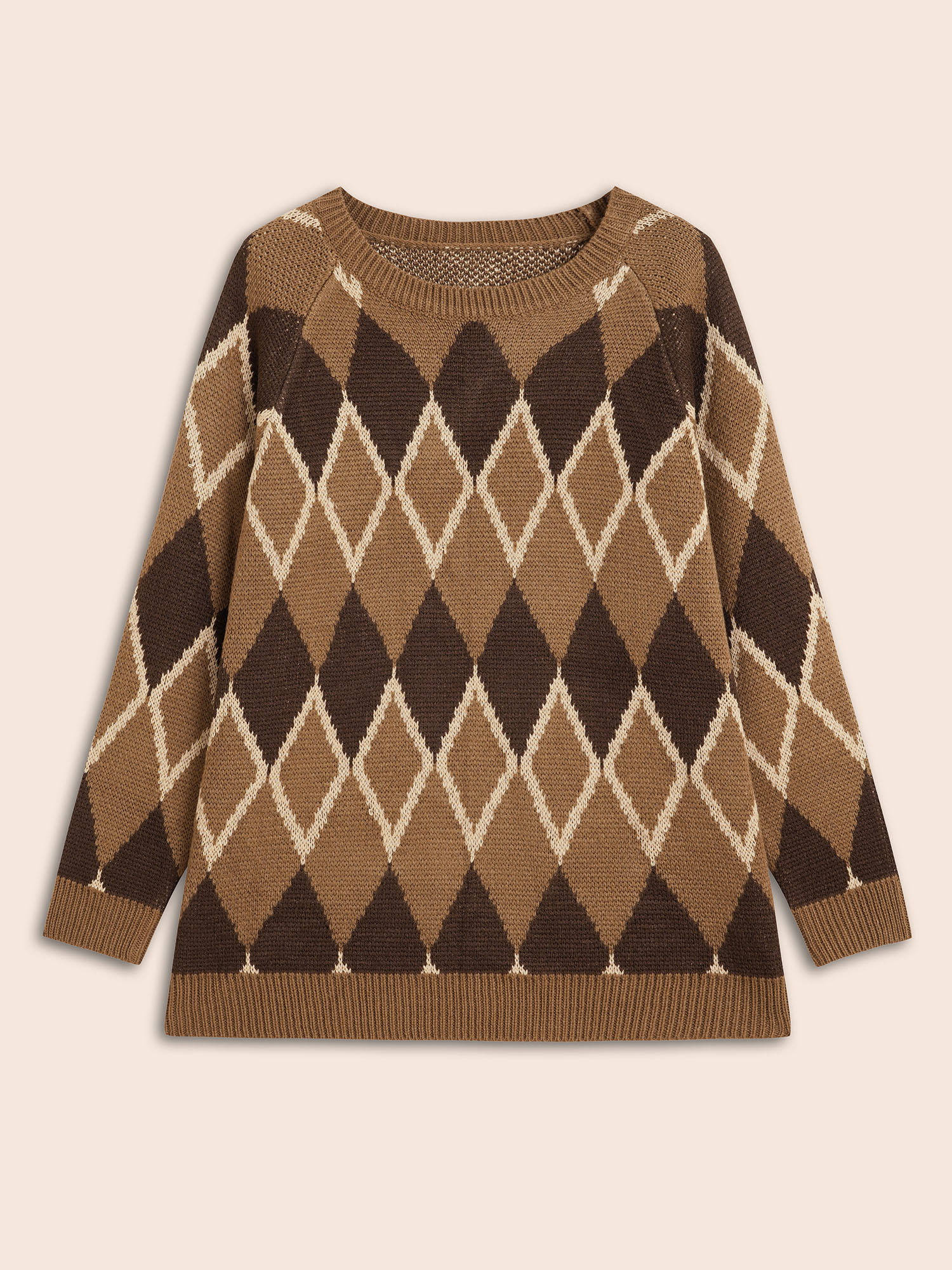Plus Size Plaid Crew Neck Raglan Sleeve Cardigan Browncoffeecolor Women Casual Loose Long Sleeve Everyday Cardigans BloomChic 18-20/2X 