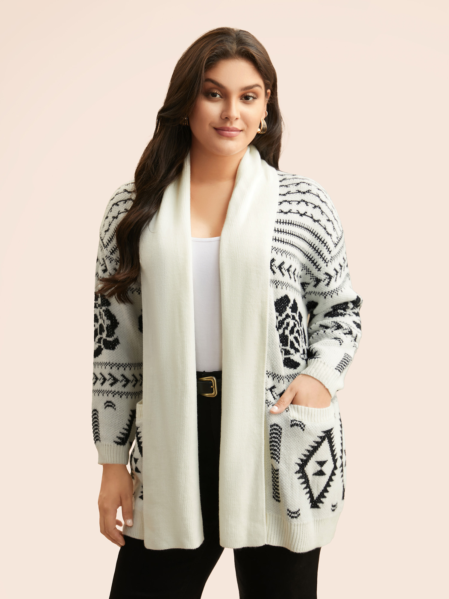 

Plus Size Geometric Jacquard Lapel Collar Cardigan Beige Women Casual Loose Long Sleeve Everyday Cardigans BloomChic