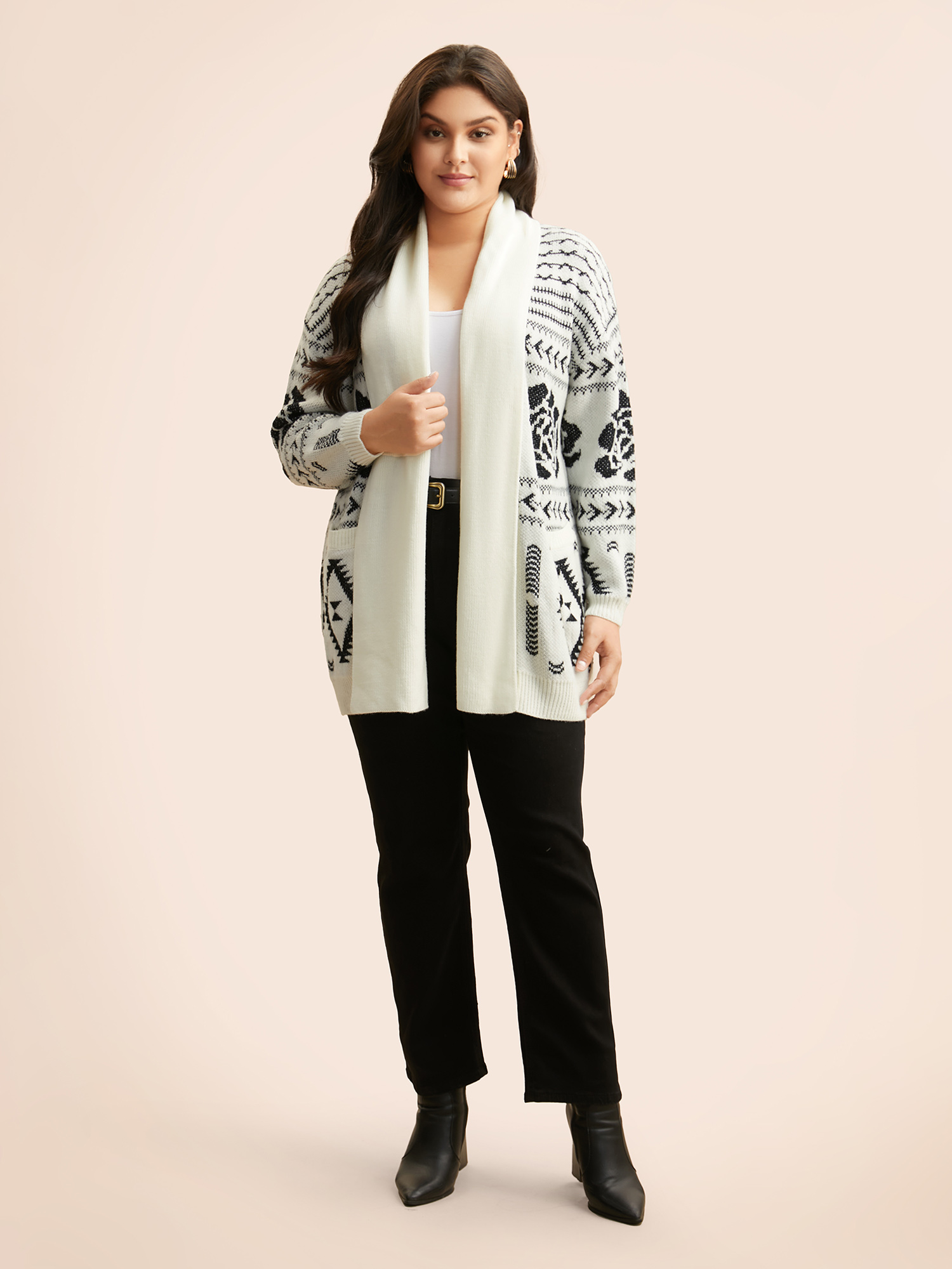 

Plus Size Geometric Jacquard Lapel Collar Cardigan Beige Women Casual Loose Long Sleeve Everyday Cardigans BloomChic