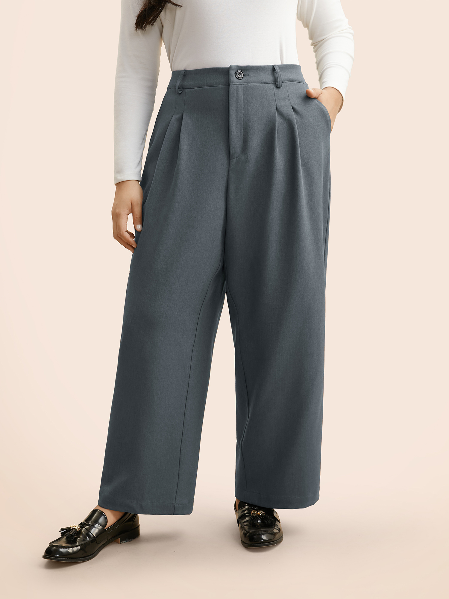 

Plus Size Mid Rise Pleated Straight Leg Pants Women SlateGray Workwear Essentials Straight Leg Mid Rise Work Pants BloomChic