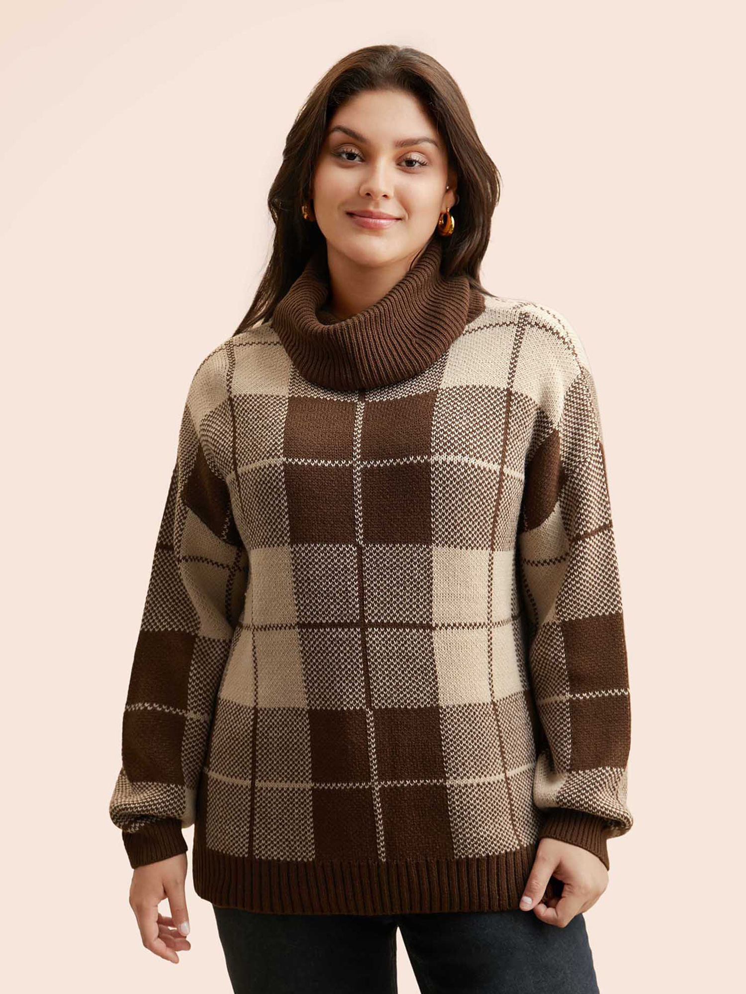 

Plus Size Plaid Turtleneck Drop Shoulder Pullover Browncoffeecolor Women Casual Loose Long Sleeve Turtleneck Everyday Pullovers BloomChic