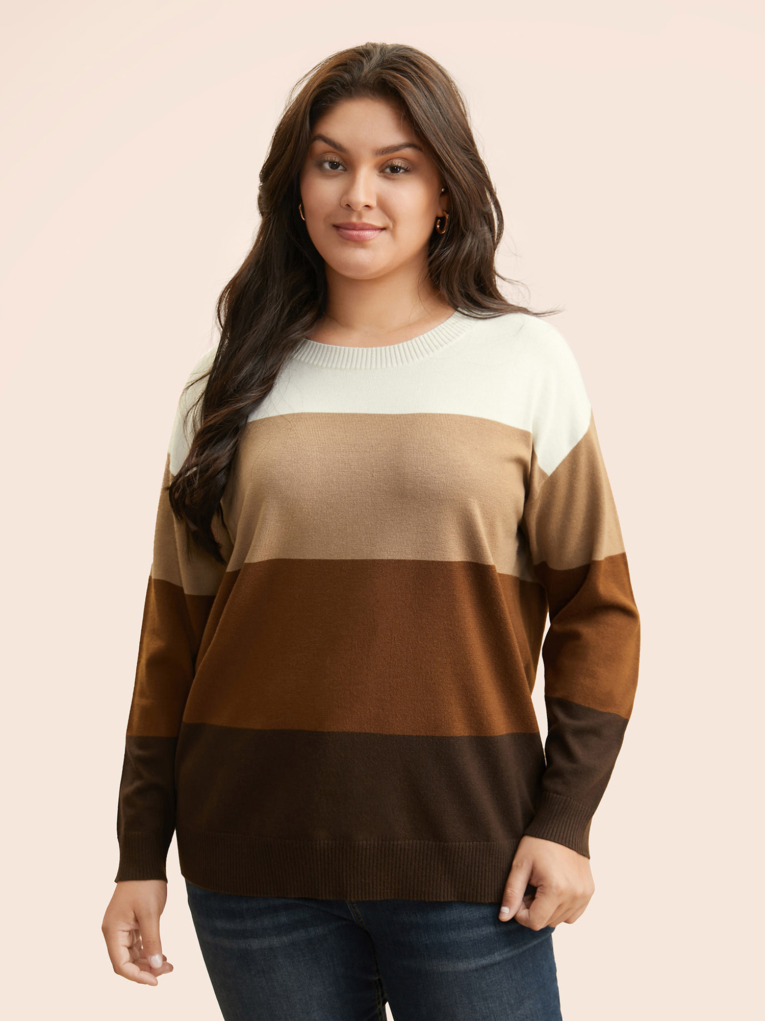 

Plus Size Supersoft Essentials Colorblock Contrast Drop Shoulder Pullover Browncoffeecolor Women Casual Loose Long Sleeve Round Neck Everyday Pullovers BloomChic