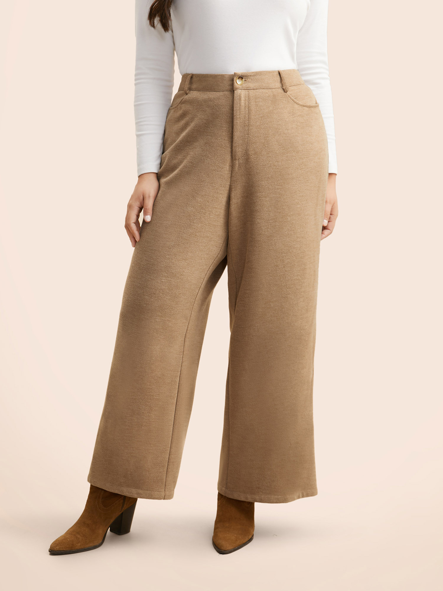 

Plus Size Mid Rise Slanted Pocket Wide Leg Pants Women Tan Elegant Wide Leg Mid Rise Everyday Pants BloomChic