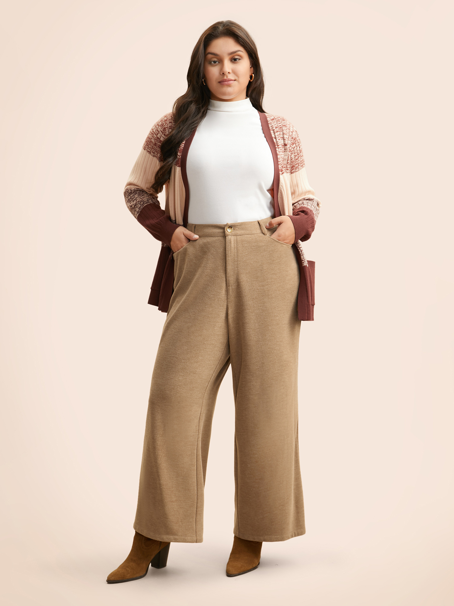 

Plus Size Mid Rise Slanted Pocket Wide Leg Pants Women Tan Elegant Wide Leg Mid Rise Everyday Pants BloomChic