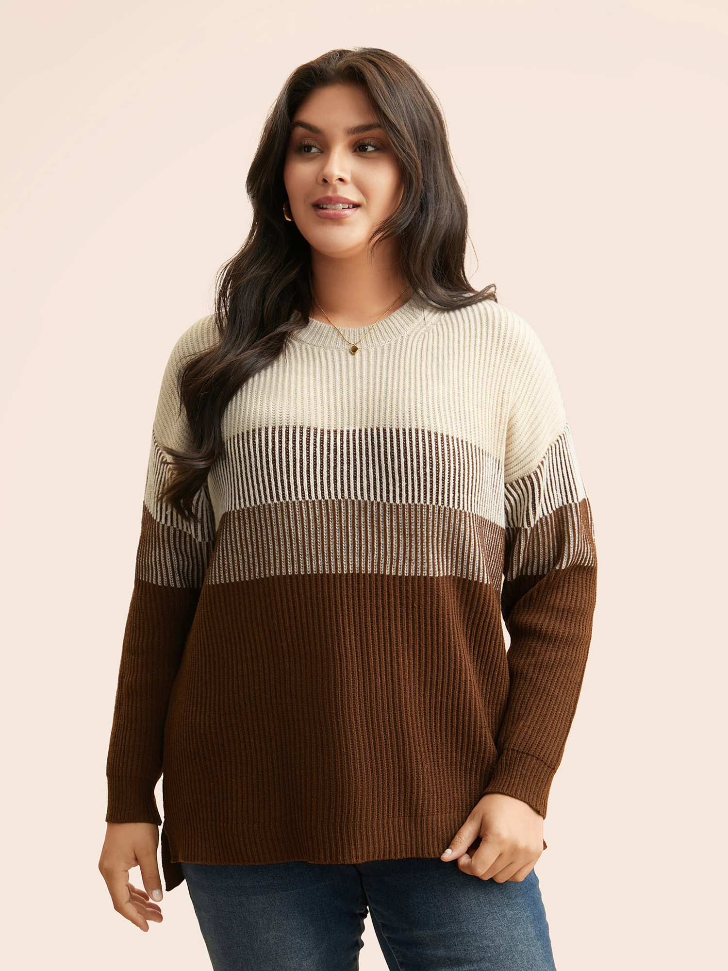 

Plus Size Colorblock Contrast Texture Slit Hem Pullover Browncoffeecolor Women Casual Loose Long Sleeve Round Neck Everyday Pullovers BloomChic