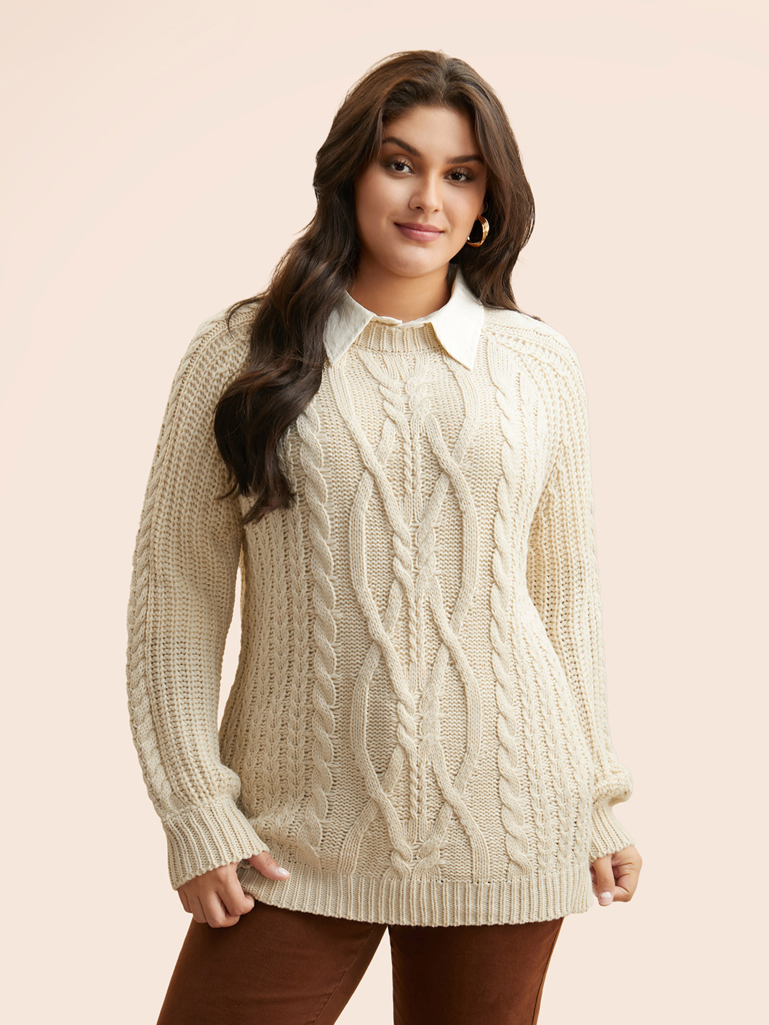 

Plus Size Solid Cable Knit Raglan Sleeve Pullover WhiteSmoke Women Casual Long Sleeve Round Neck Everyday Pullovers BloomChic