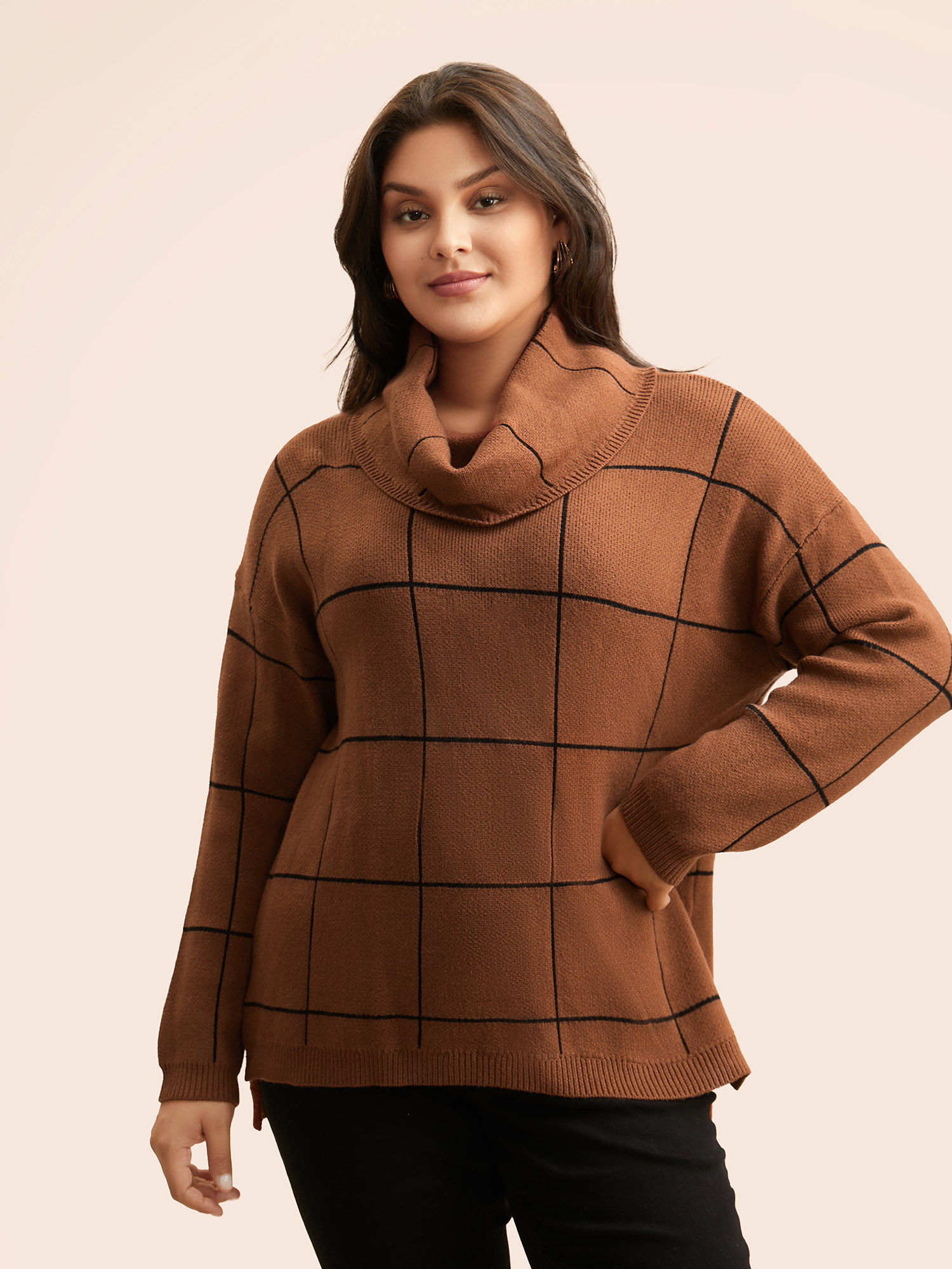 

Plus Size Supersoft Essentials Turtleneck Plaid Drop Shoulder Pullover Browncoffeecolor Women Casual Loose Long Sleeve Turtleneck Everyday Pullovers BloomChic