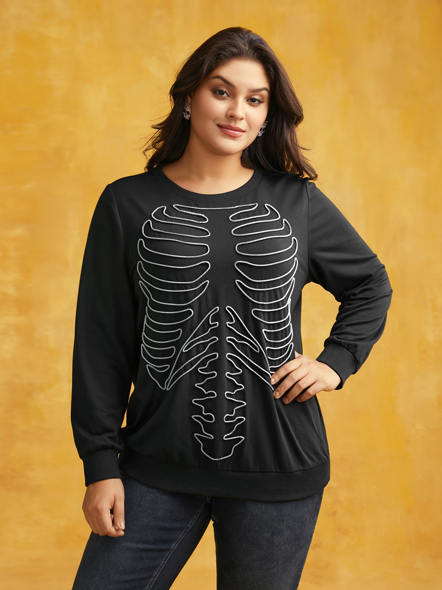 

Plus Size Skeleton Embroidered Crew Neck Sweatshirt Women Multicolor Casual Patchwork Loose Round Neck Everyday Sweatshirts BloomChic