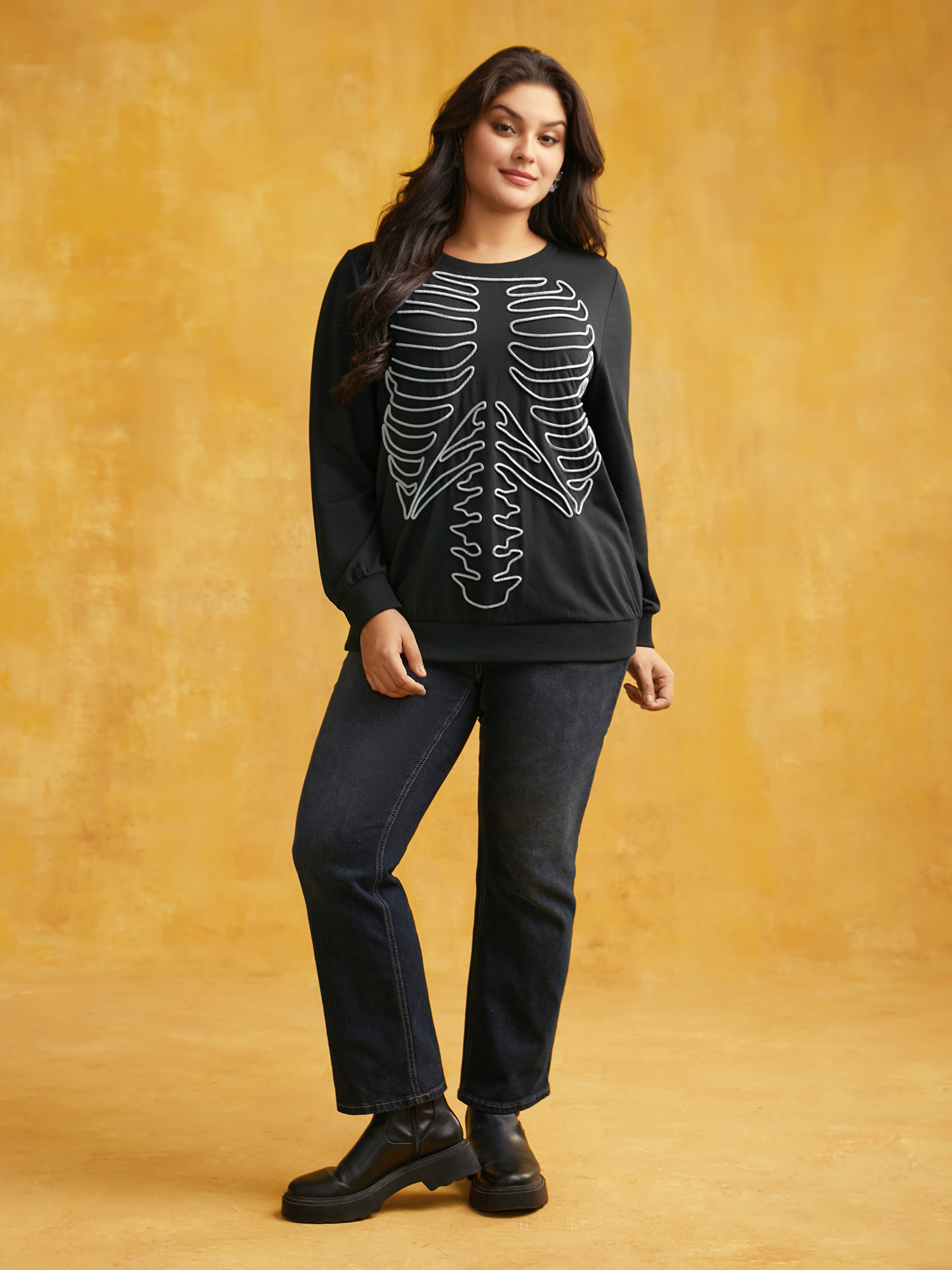 Plus Size Skeleton Embroidered Crew Neck Sweatshirt Women Multicolor Casual Patchwork Loose Round Neck Everyday Sweatshirts BloomChic 26/4X 