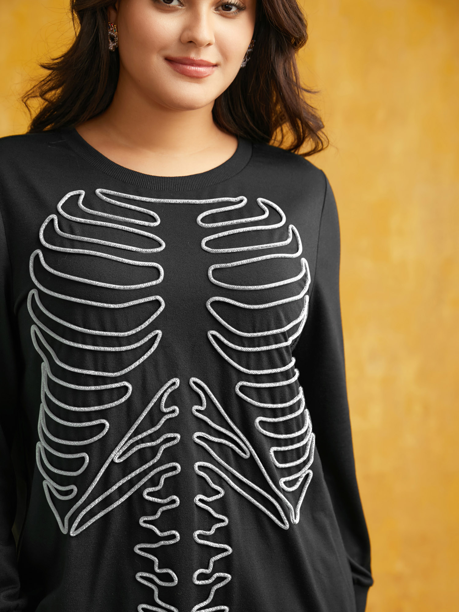 Plus Size Skeleton Embroidered Crew Neck Sweatshirt Women Multicolor Casual Patchwork Loose Round Neck Everyday Sweatshirts BloomChic 26/4X 