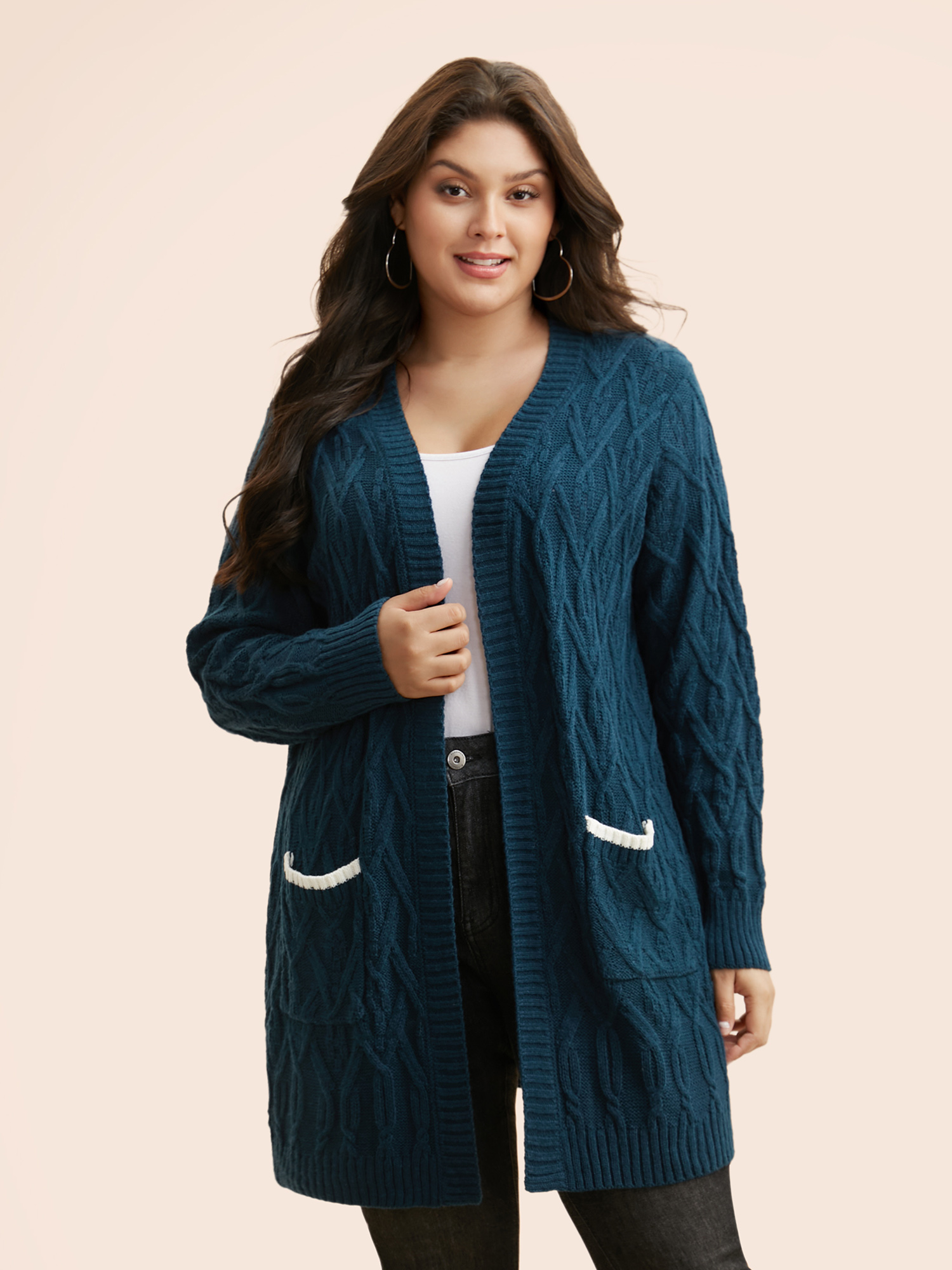 

Plus Size Cable Knit Contrast Pocket Cardigan Cyan Women Casual Loose Long Sleeve Everyday Cardigans BloomChic