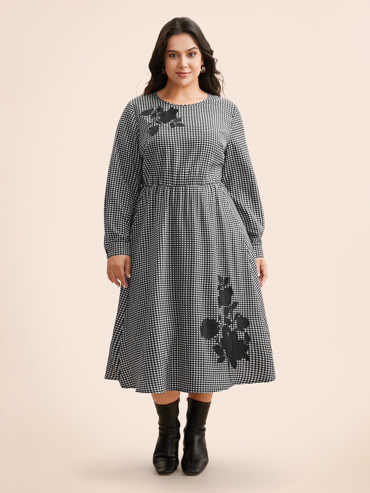 

Plus Size Gingham Silhouette Floral Print Midi Dress Black Women Elegant Non Round Neck Long Sleeve Curvy BloomChic