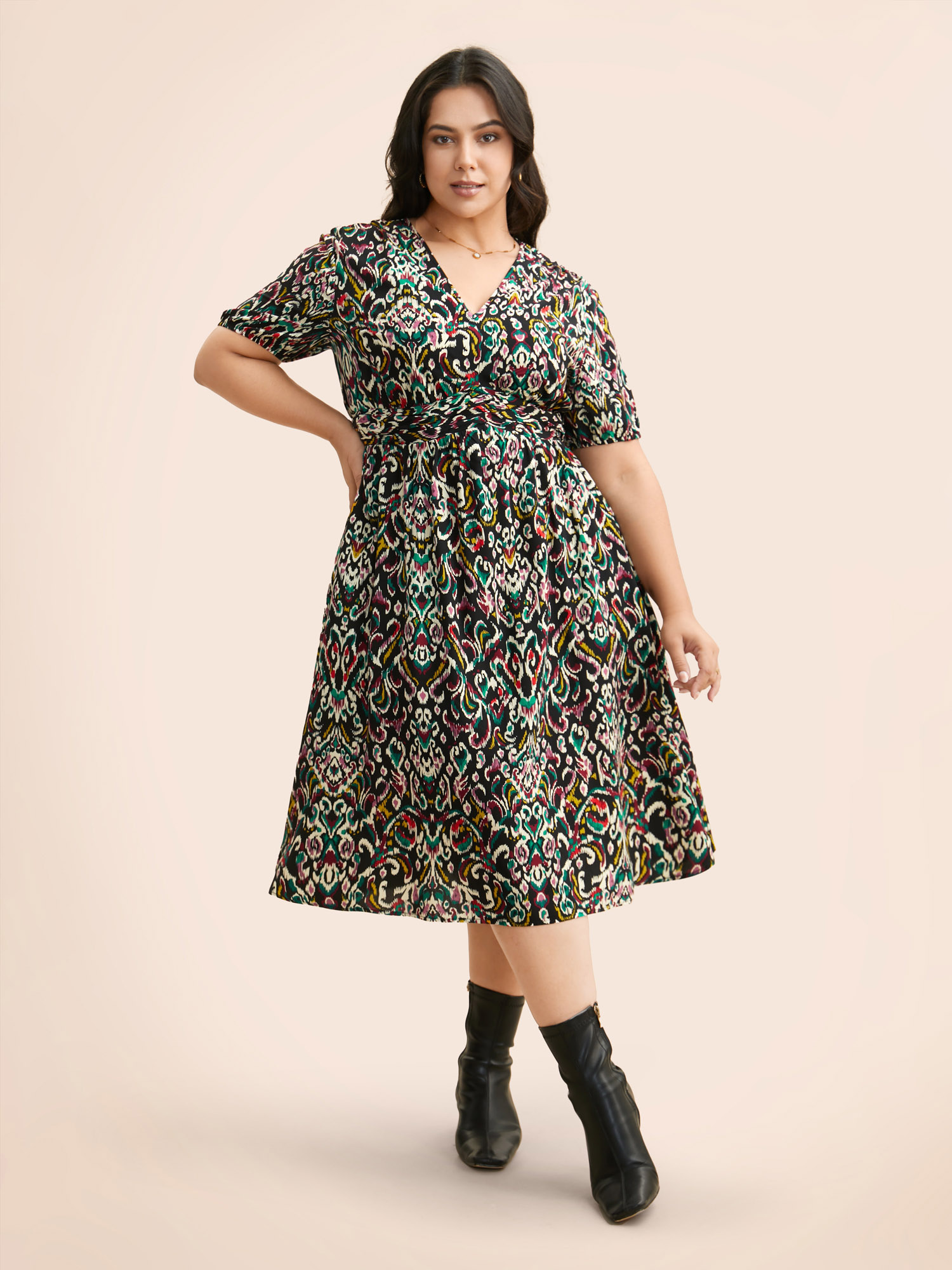 

Plus Size Bandana Print V Neck Shirred Gathered Dress Black Women Elegant Gathered V-neck Short sleeve Curvy BloomChic