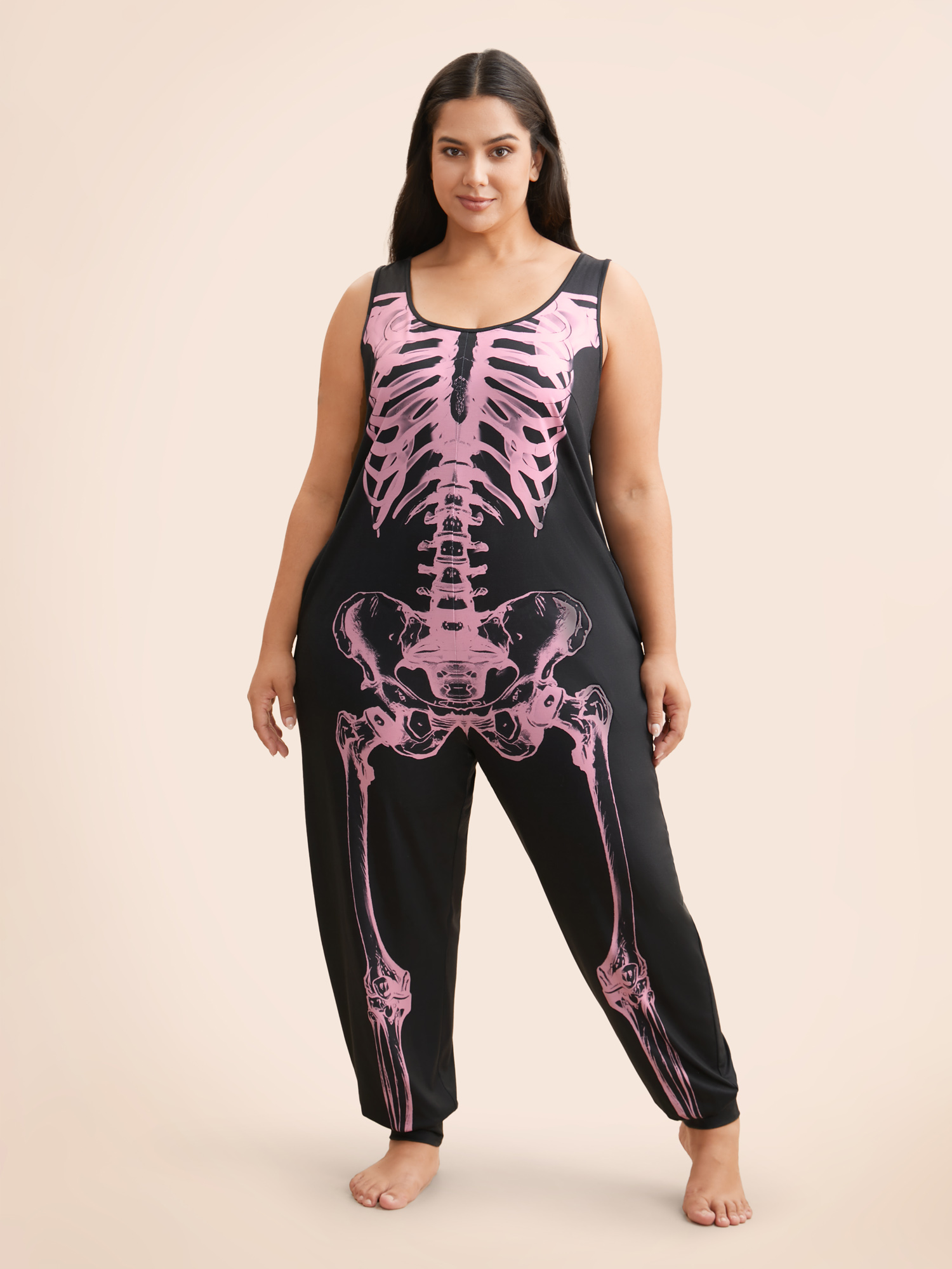 

Plus Size Blush Skeleton Printed Off-Sleeves Jumpsuit Women Cocktail Sleeveless U-neck Party Loose Jumpsuits BloomChic