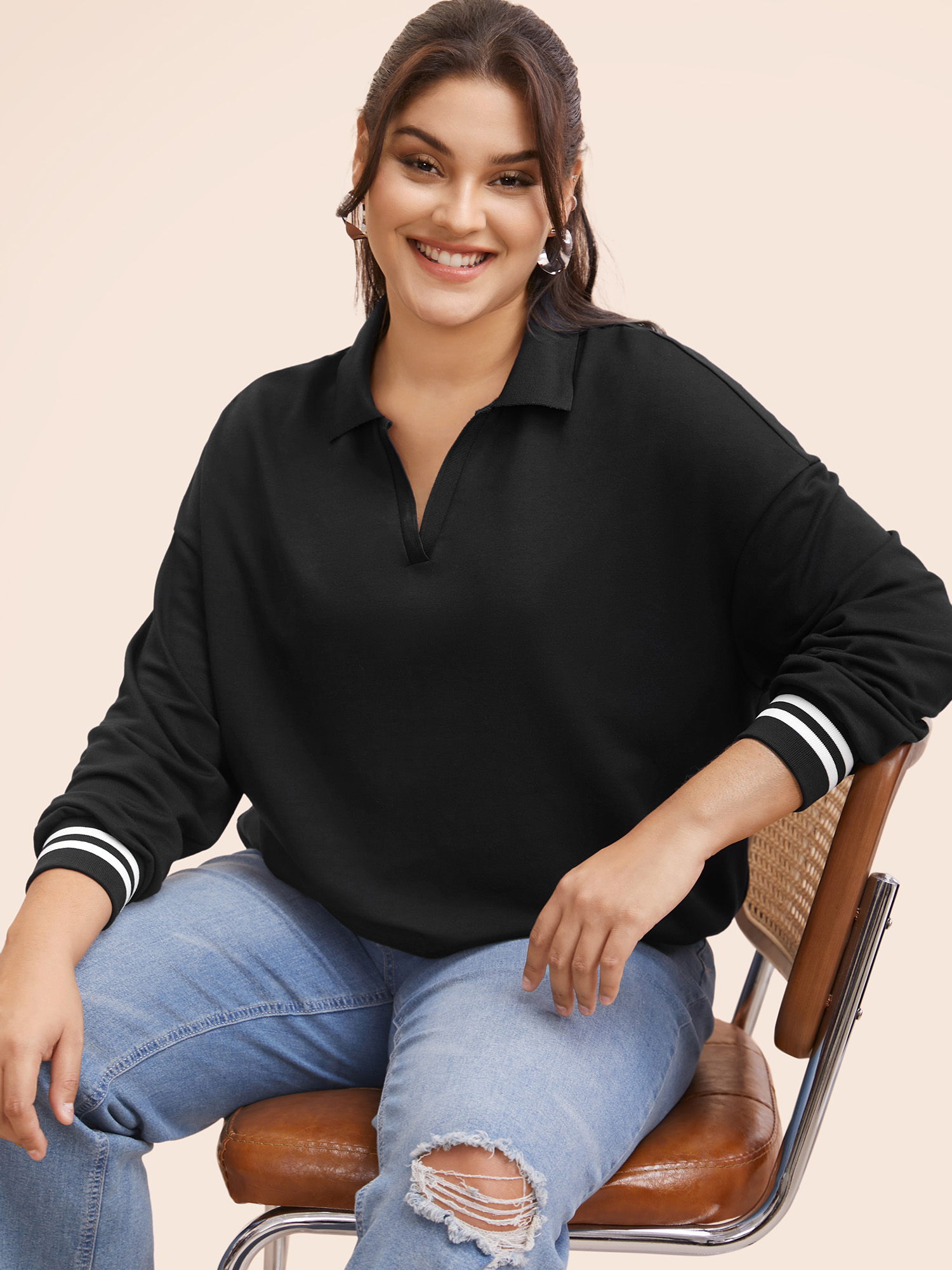 

Plus Size Polo Neck Contrast Trim Drop Shoulder Sweatshirt Women Black Casual Contrast Polo Everyday Sweatshirts BloomChic