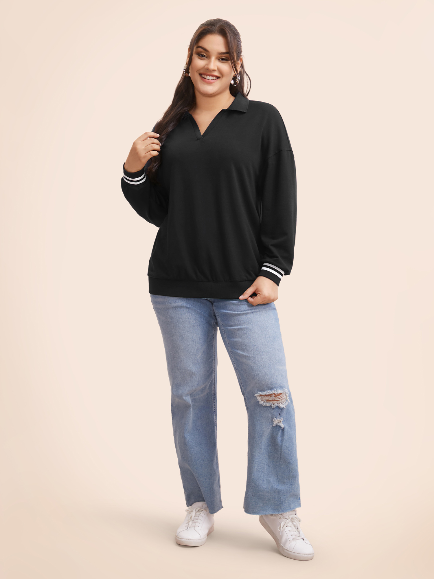 Plus Size Polo Neck Contrast Trim Drop Shoulder Sweatshirt Women Black Casual Contrast Polo Everyday Sweatshirts BloomChic 10/M 