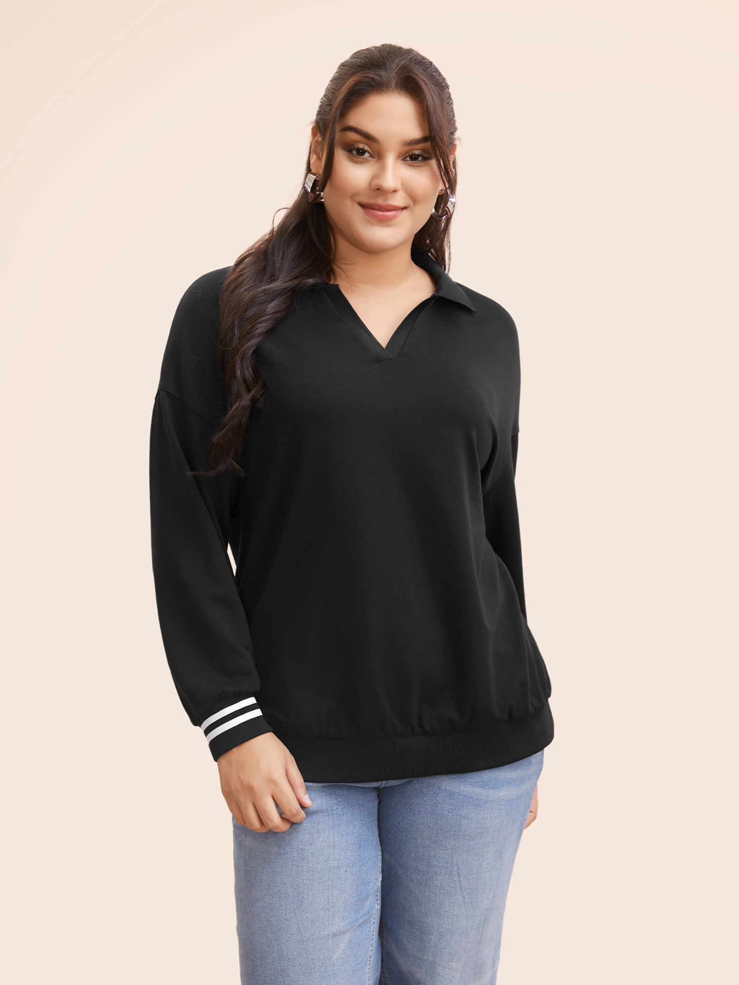 Plus Size Polo Neck Contrast Trim Drop Shoulder Sweatshirt Women Black Casual Contrast Polo Everyday Sweatshirts BloomChic 10/M 