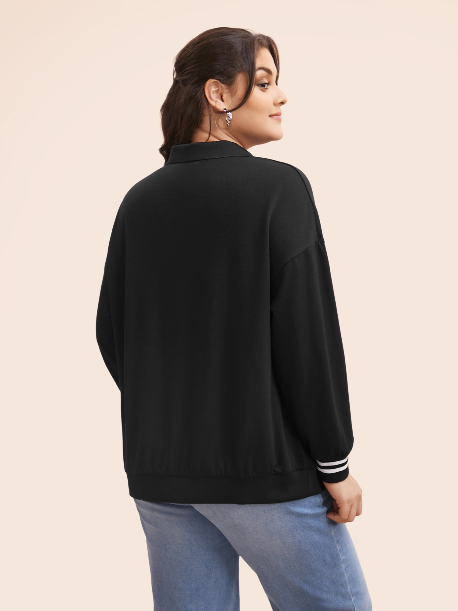 

Plus Size Polo Neck Contrast Trim Drop Shoulder Sweatshirt Women Black Casual Contrast Polo Everyday Sweatshirts BloomChic