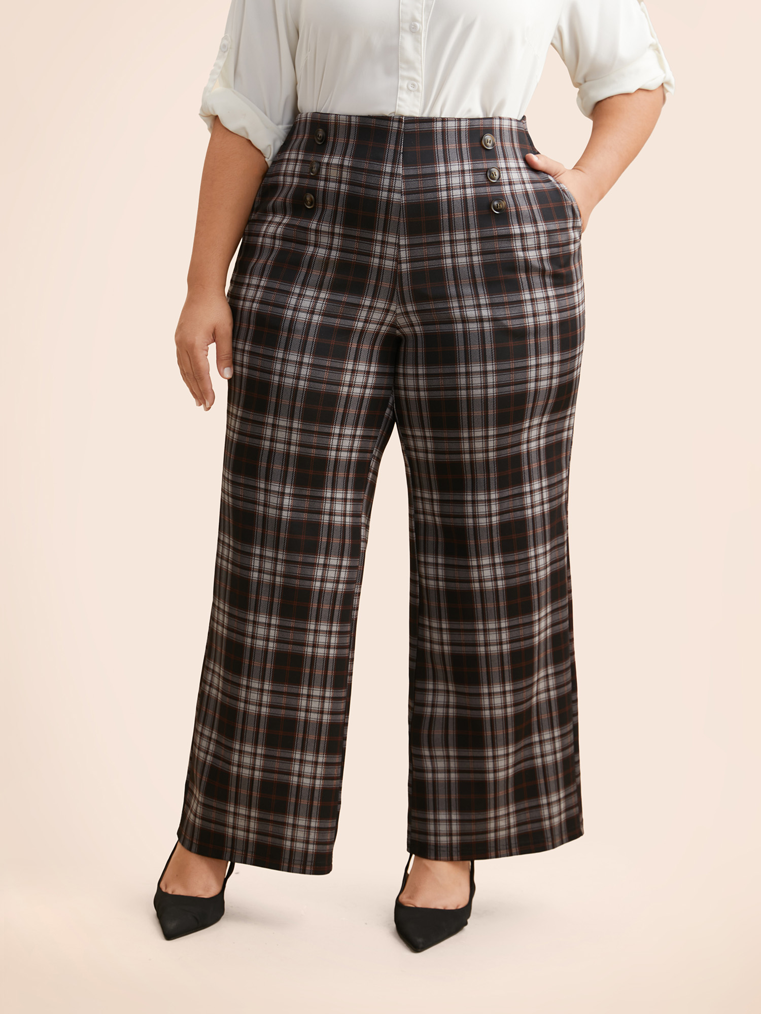 

Plus Size Plaid Button Detail Mid Rise Pants Women Black At the Office Wide Leg Mid Rise Work Pants BloomChic