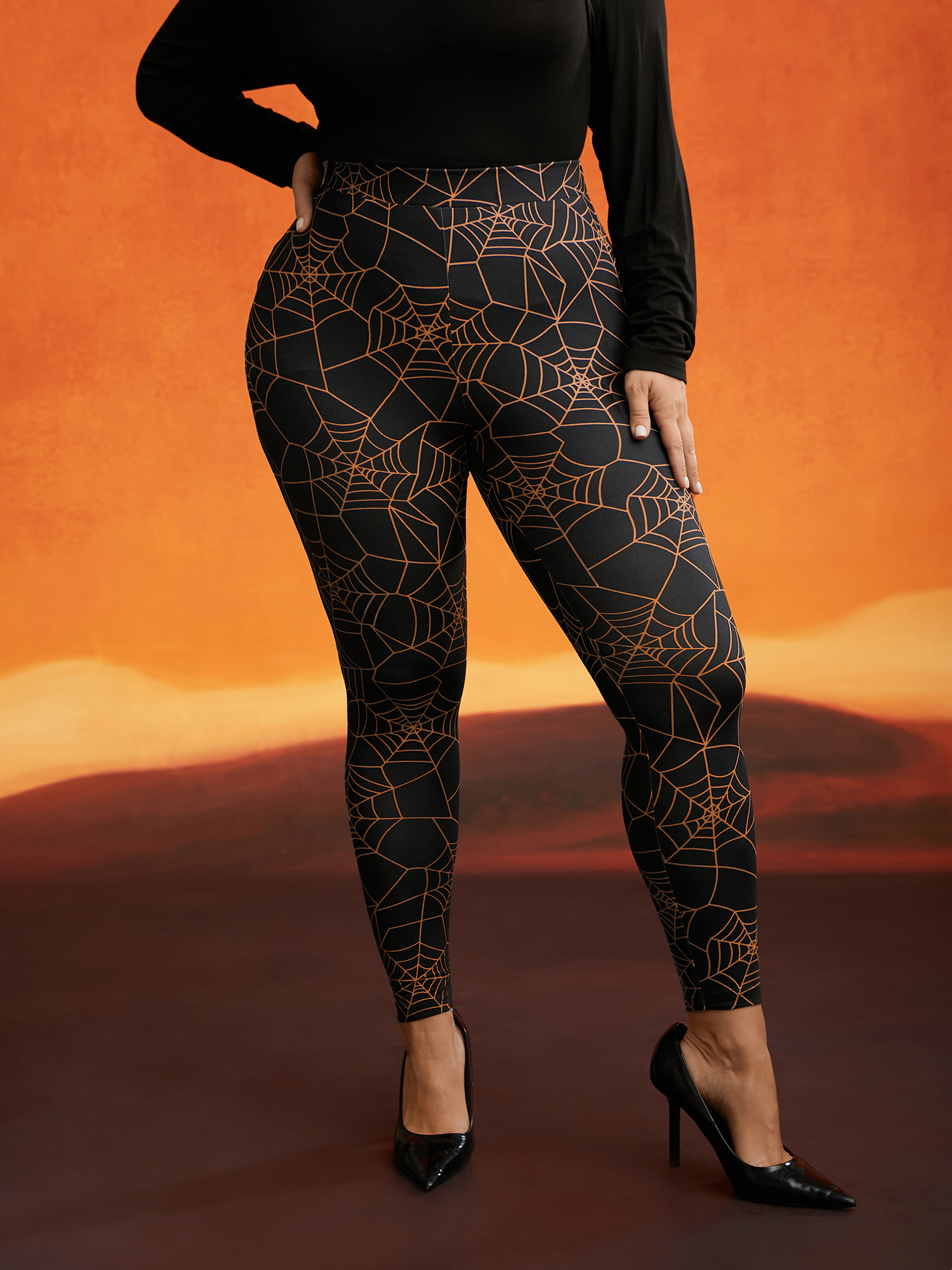 

Plus Size Spider Web Printed Slim-Fit Pants Women Brightorange Elegant High stretch Skinny Mid Rise Everyday Leggings BloomChic